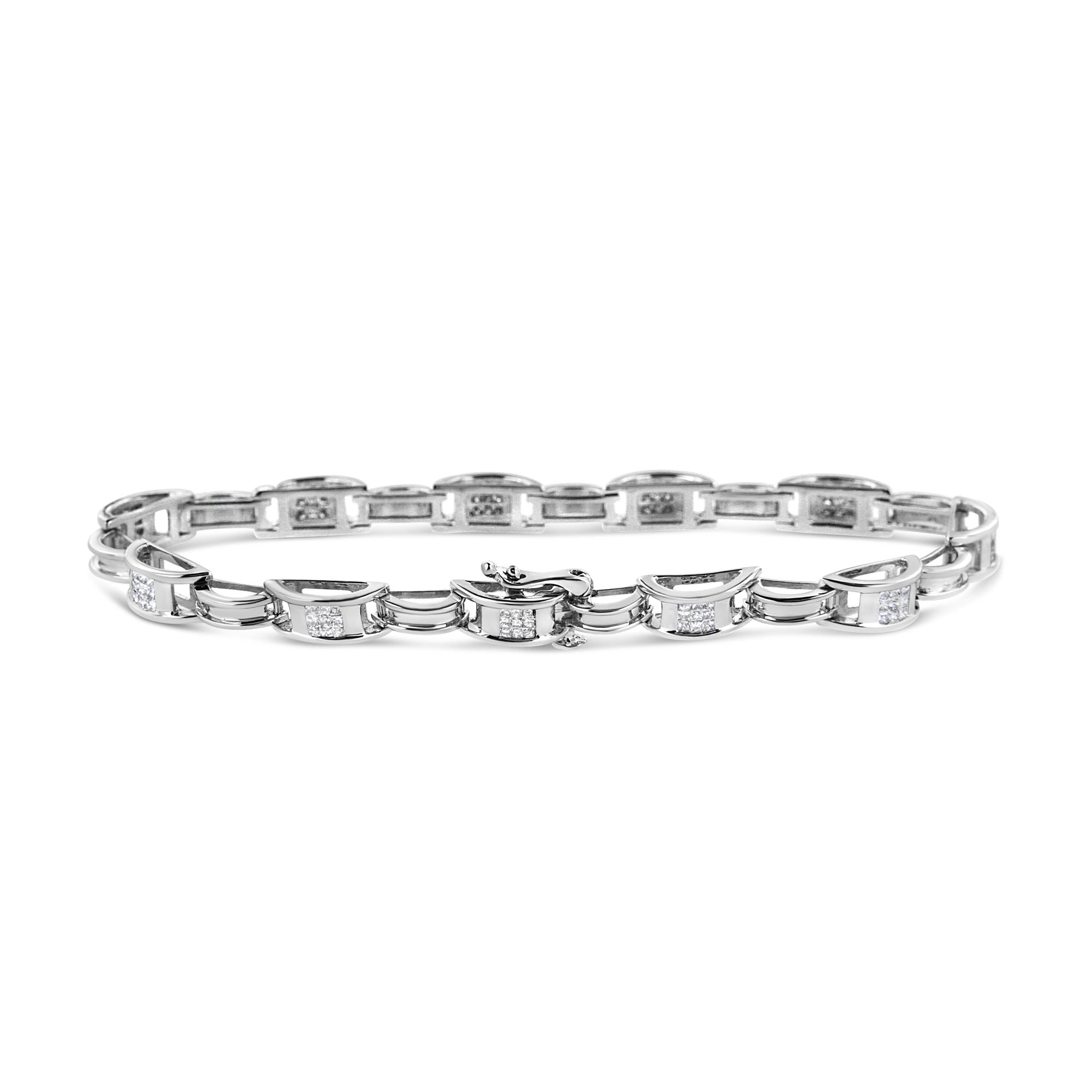 14K White Gold 1.0 Cttw Invisible Set Princess Diamond Alternating Link Tennis Bracelet (I-J Color, I1-I2 Clarity) - 7.25" - Friggin Jewelry