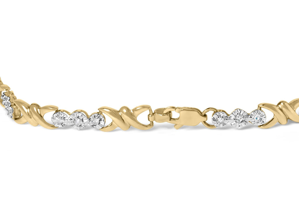 10k Yellow Gold 1/3 Cttw Diamond 3 Stone and X-Link Bracelet (I-J Color, I1-I2 Clarity) - 7.50" Inches - Friggin Jewelry