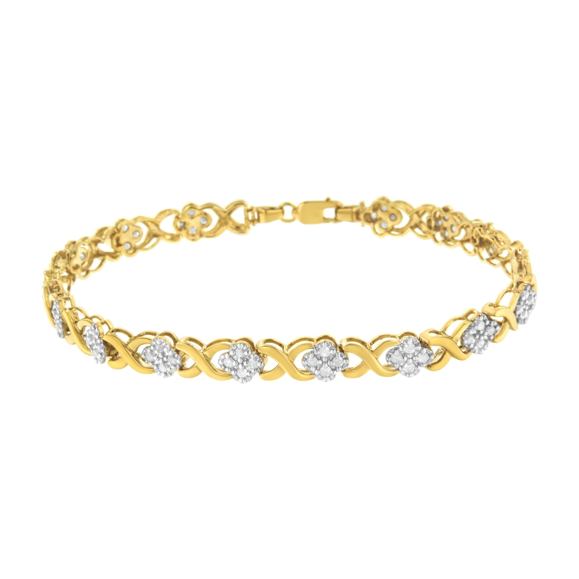 Pulsera de tenis con eslabones en X de oro amarillo de 10 quilates sobre plata de ley 925 con diamantes de 1,0 quilates (color HI, claridad I3) - 18 cm - Friggin Jewelry