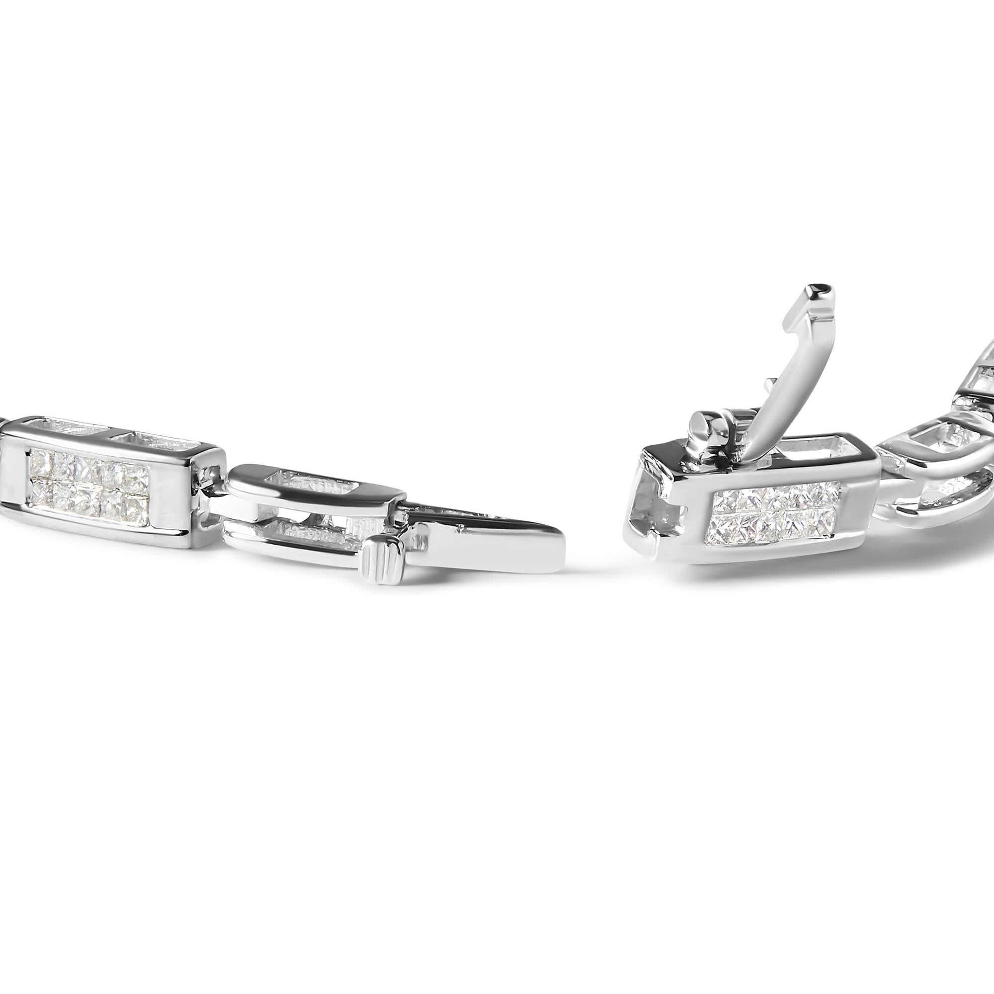 Pulsera de tenis de oro blanco de 14 quilates con diamantes de talla princesa engastados invisibles de 1,0 quilates y eslabones alternados (color IJ, claridad I1-I2) - 7,25" - Friggin Jewelry