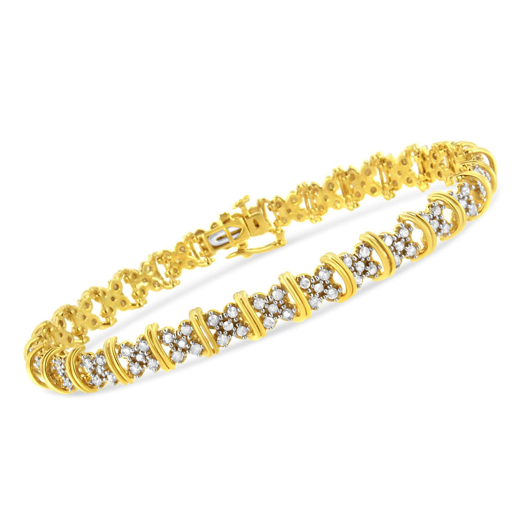 10K Yellow Gold Plated .925 Sterling Silver 2.0 Cttw Round Diamond Cluster "X" Shaped Link Bracelet (H-I Color, I3 Clarity) - 7" - Friggin Jewelry