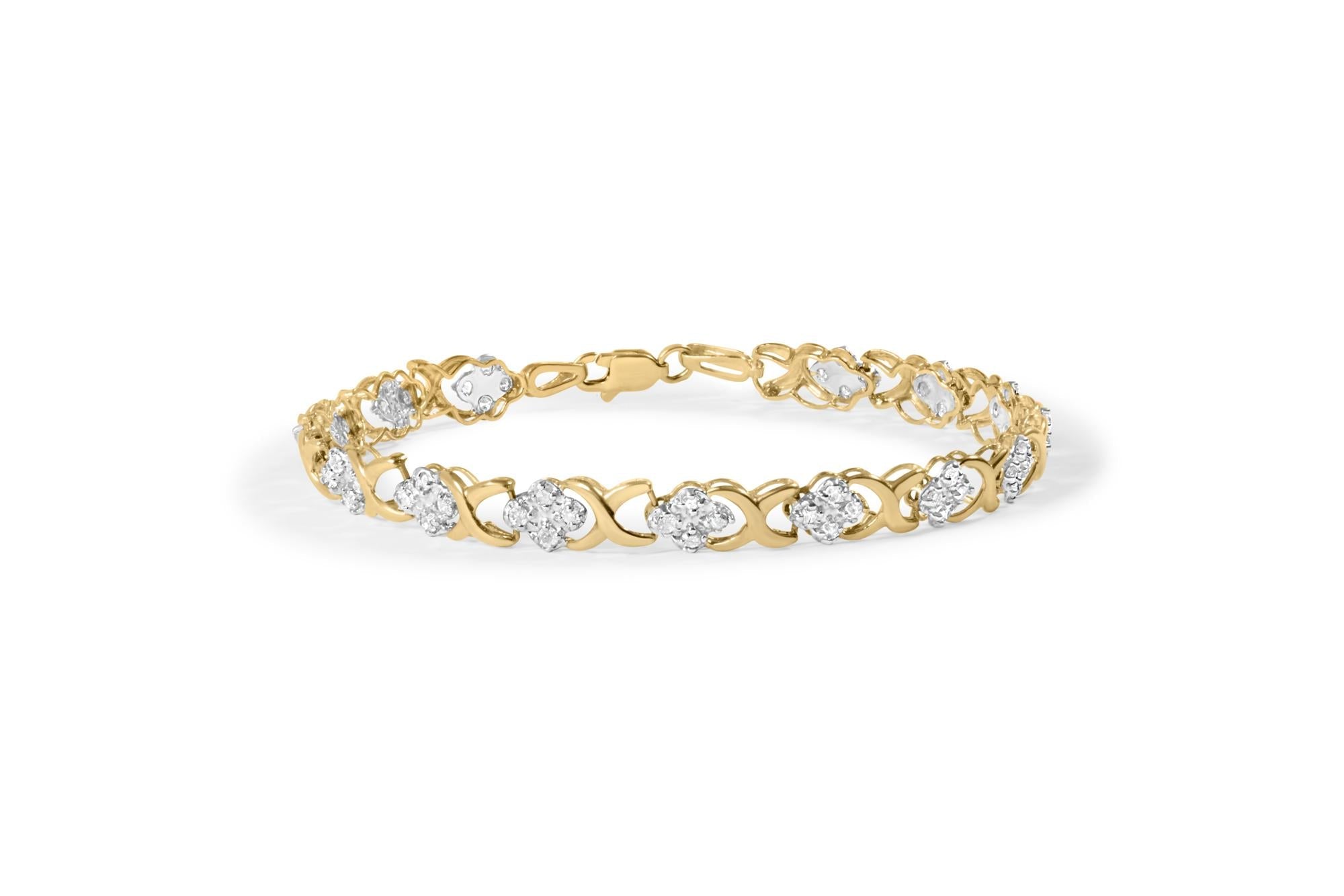 10K Yellow Gold 1.00 Cttw Diamond 5 Stone Floral Cluster and "X" Link 7" Bracelet (I-J Color, I3 Clarity) - Friggin Jewelry