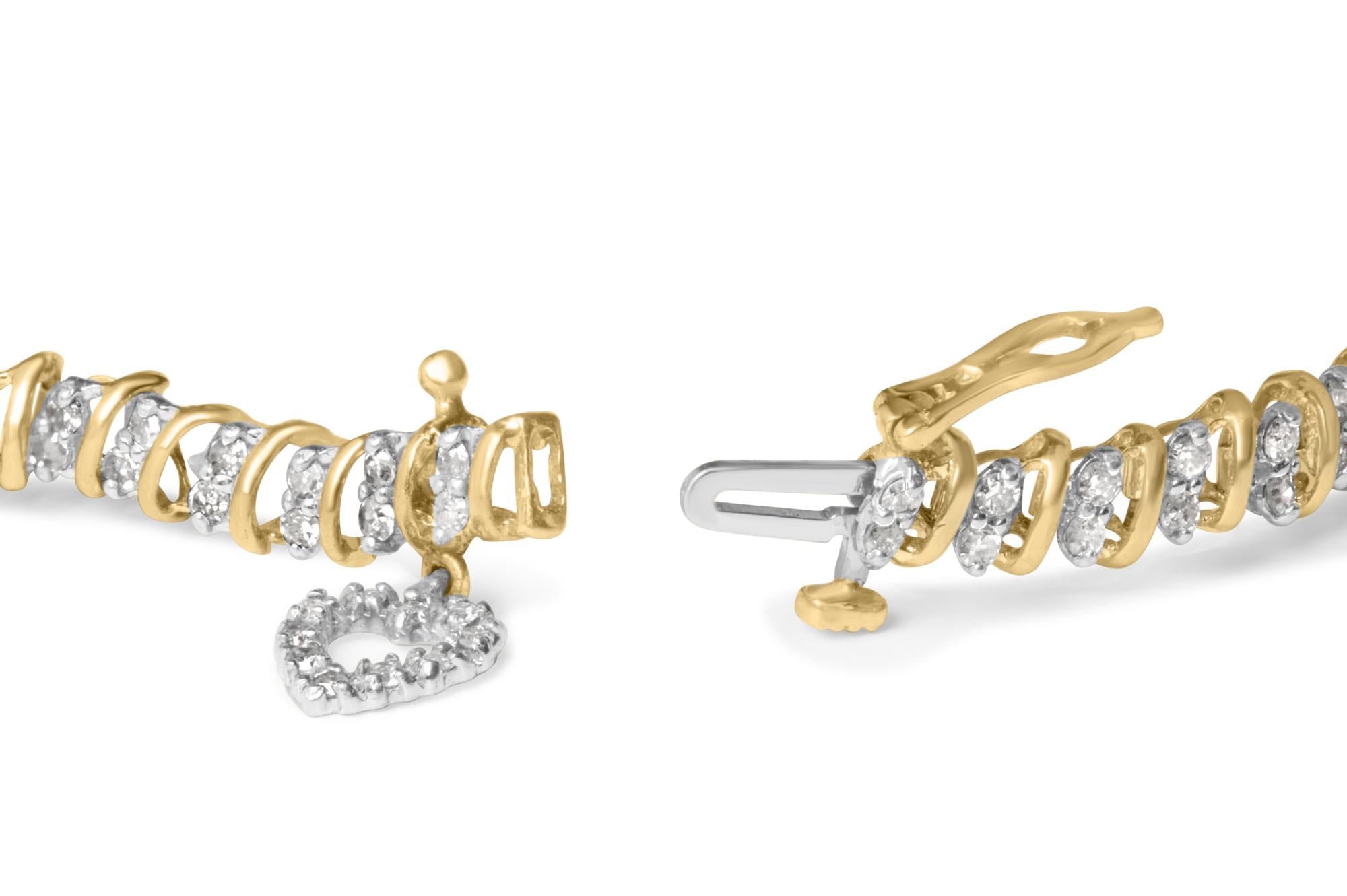10K Yellow Gold 2.0 Cttw Diamond 2 Row Link and Heart Charm 7" Link Bracelet (I-J Color, I3 Clarity) - Friggin Jewelry Premium