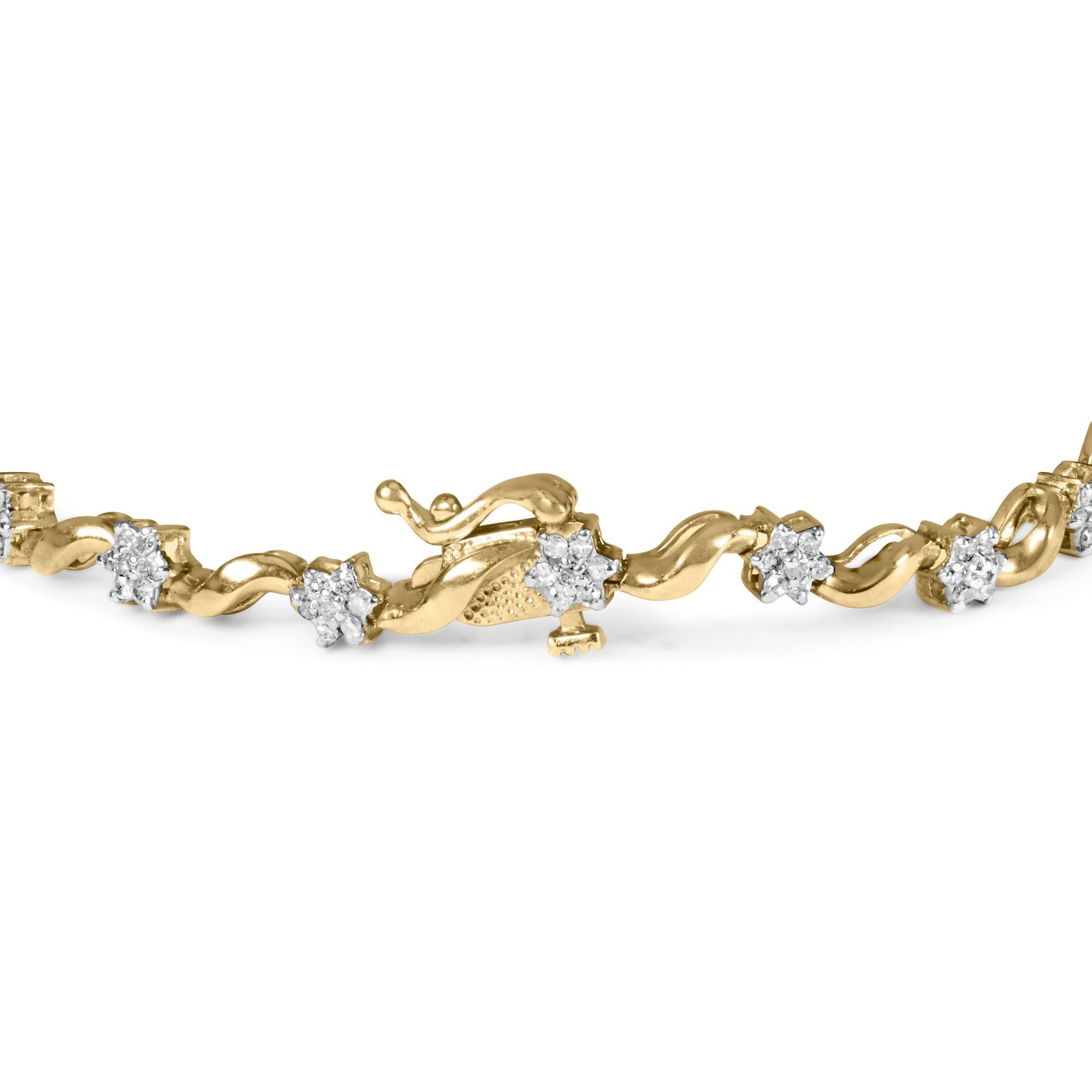 Pulsera de oro amarillo de 10 k con diamantes de talla redonda de 1,00 ct y eslabones florales de 7,50" (color IJ, claridad I2-I3) - Friggin Jewelry