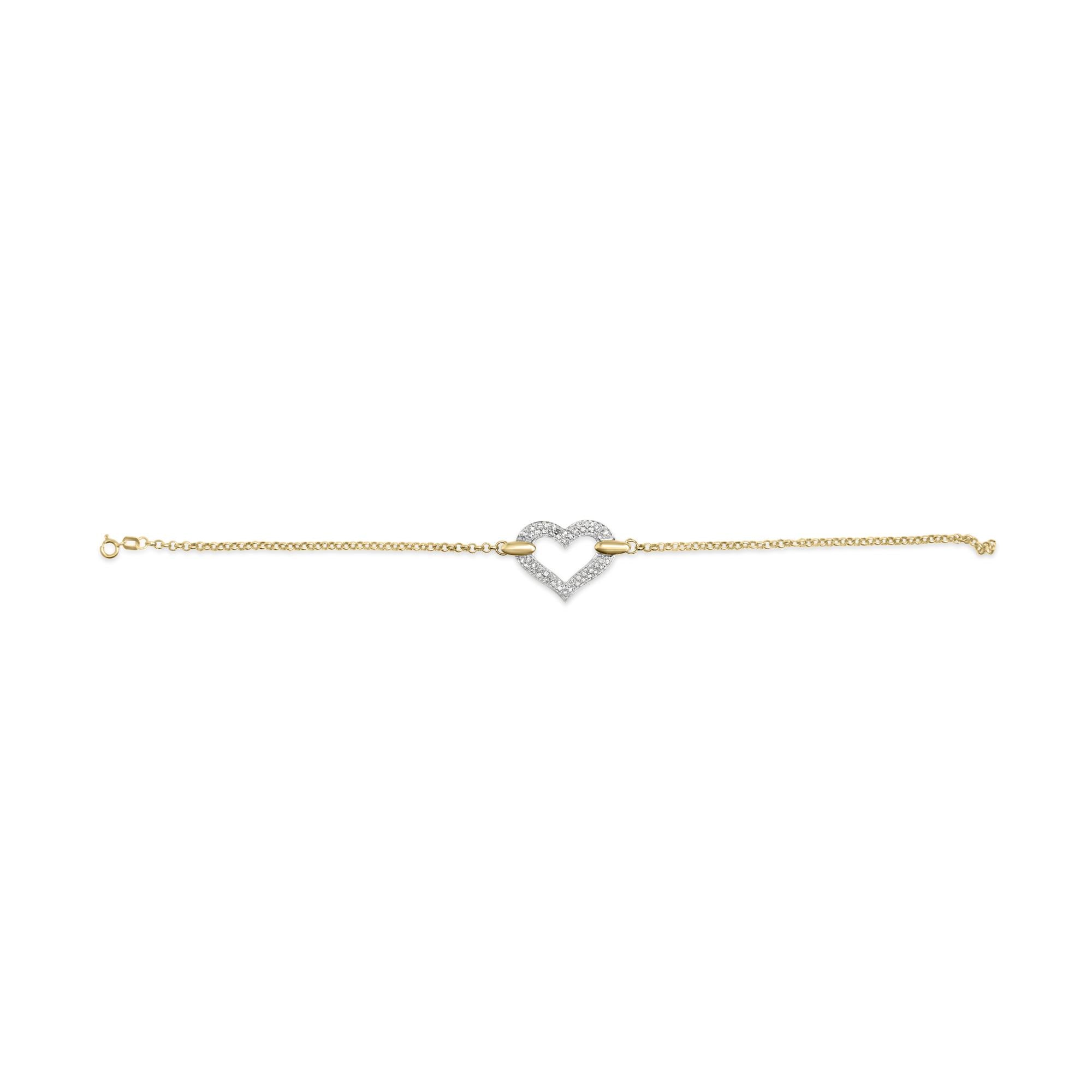 10K Two Tone Gold 1/4 Cttw Diamond Encrusted Heart Charm 7" Bracelet (H-I Color, I1-I2 Clarity) - Friggin Jewelry