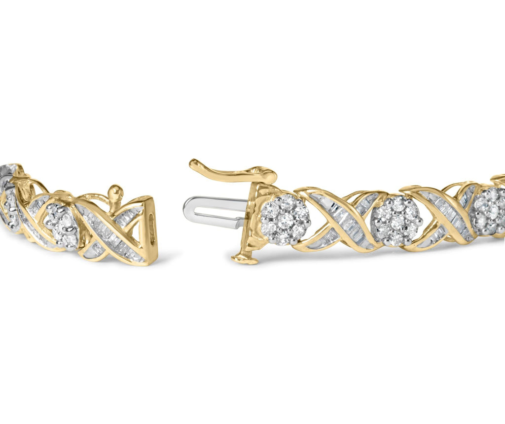 10K Yellow Gold 3.00 Cttw Round-Cut and Baguette-Cut Diamond 'XOXO' Floral Design 7.50" Bracelet (J-K Color, I1-I2 Clarity) - Friggin Jewelry Premium