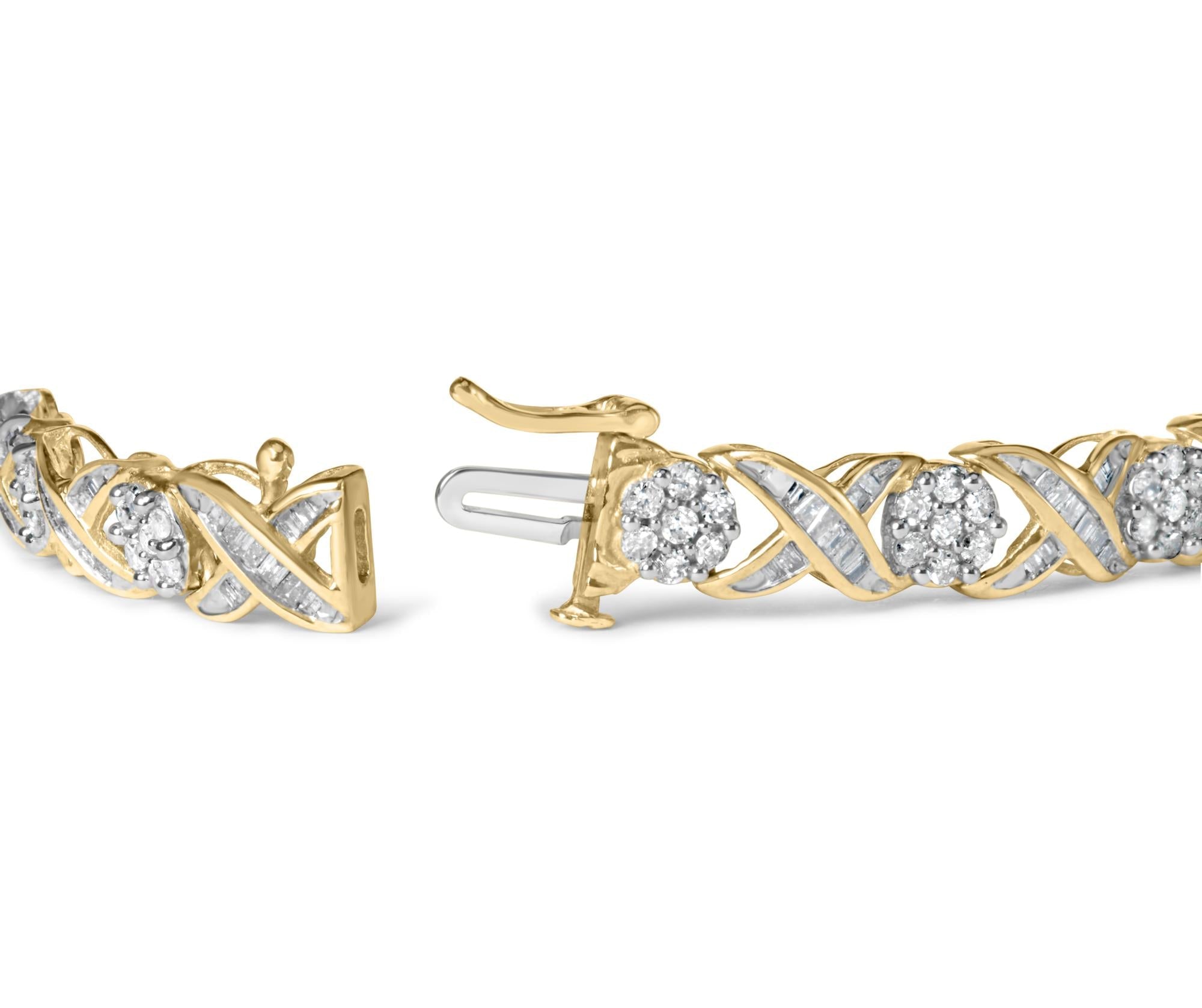 Bracciale "XOXO" in oro giallo 10 carati con diamanti taglio rotondo e taglio baguette da 3,00 ct, motivo floreale, 7,50" (colore JK, purezza I1-I2) - Friggin Jewelry