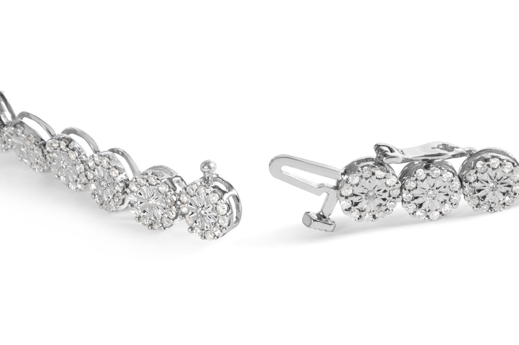 Pulsera de tenis de oro blanco de 14 quilates con halo de diamantes de 2,00 quilates (color HI, claridad I1-I2) - 18,8 cm - Friggin Jewelry