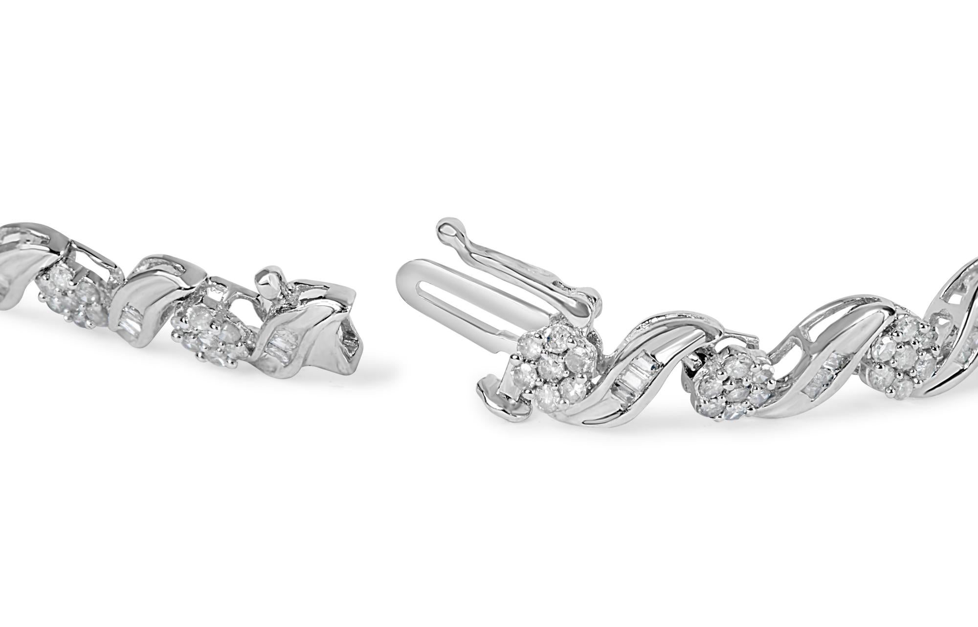 10K White Gold 2.00 Cttw Round-Cut and Baguette-Cut Diamond Floral Design Swirl Link 7" Bracelet (I-J Color, I1-I2 Clarity) - Friggin Jewelry Premium