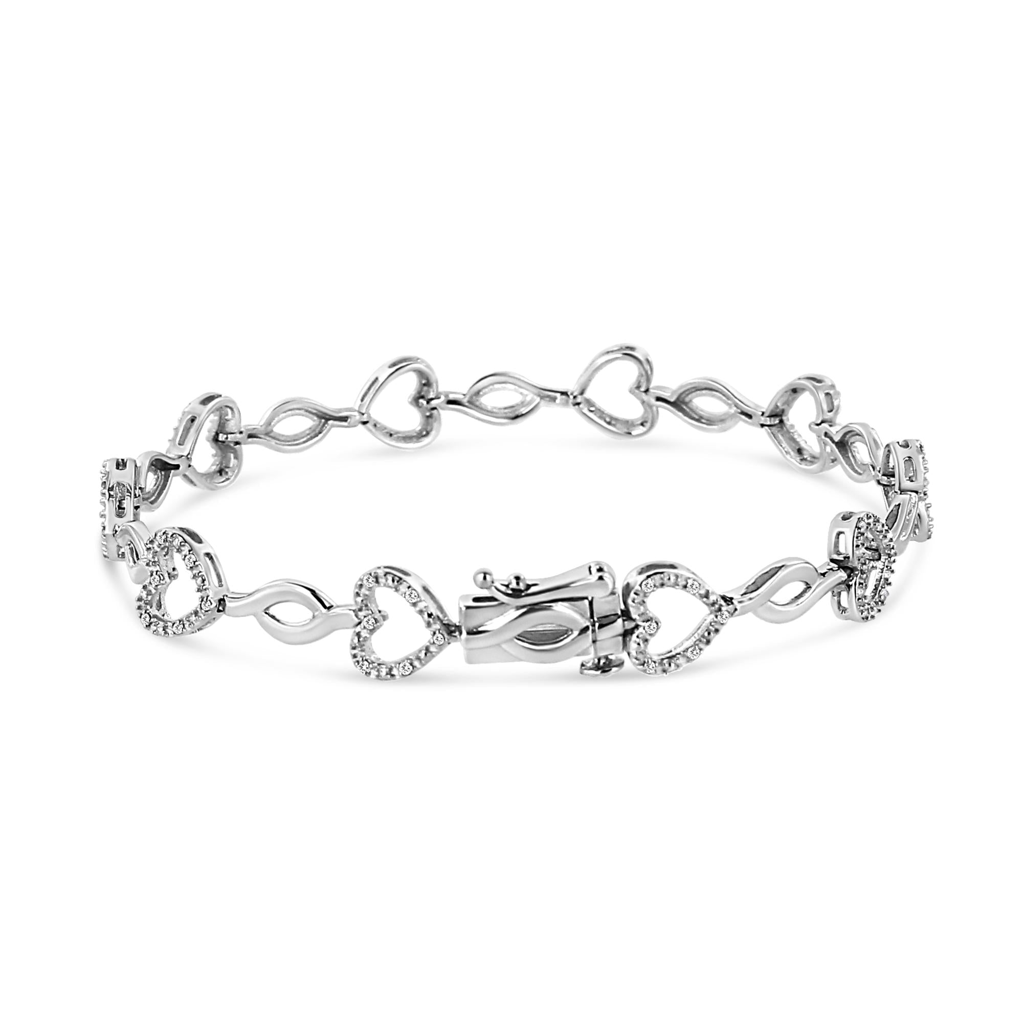 .925 Sterling Silver 1/4 Cttw Round-Cut Diamond Alternating Heart and Leaf Link Bracelet (I-J Color, I3 Clarity) - Size 7.25" - Friggin Jewelry