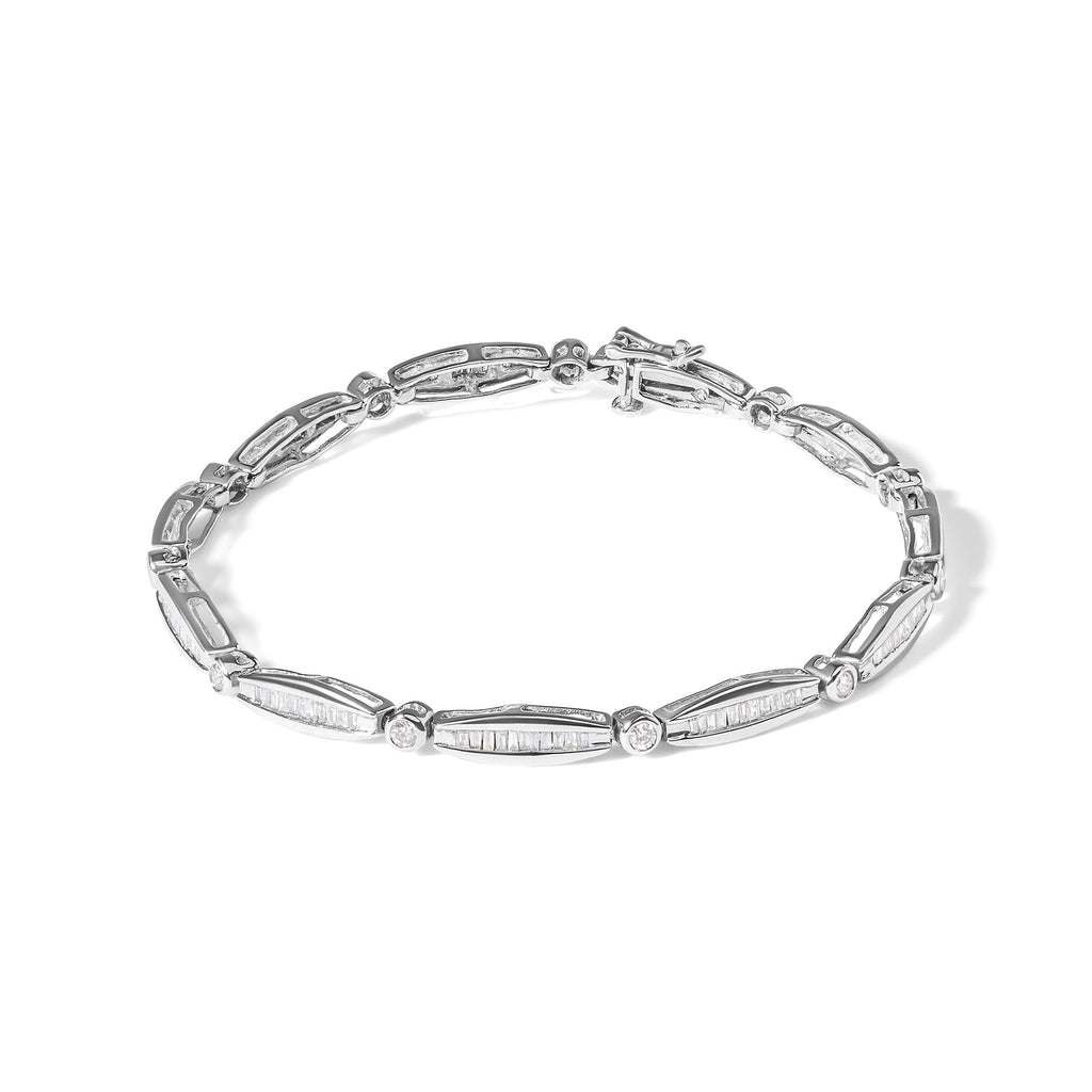 14K White Gold 1-1/2 Cttw Round Brilliant-Cut & Baguette Cut Diamond Bezel and Tapered Link 7" Tennis Bracelet (H-I Color, I1-I2 Clarity) - Friggin Jewelry