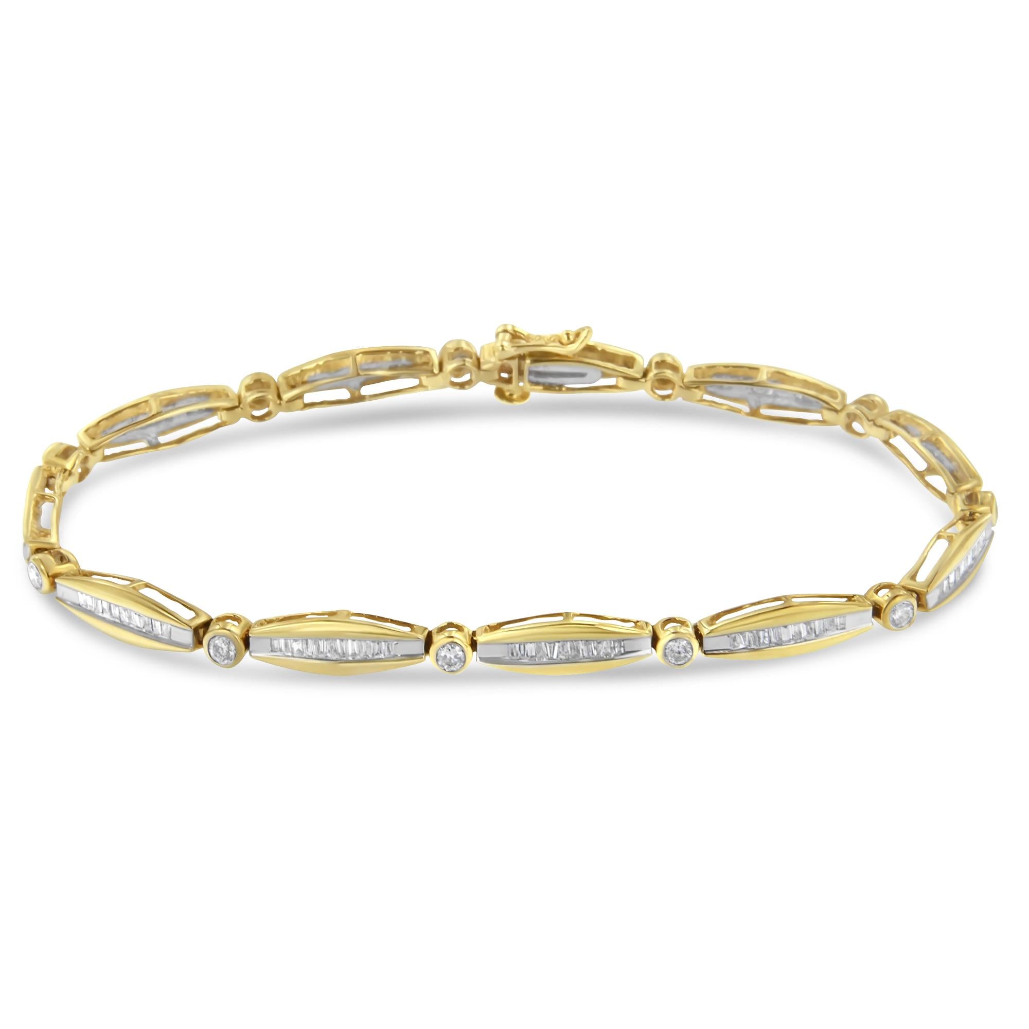 14K Yellow Gold 1-1/2 Cttw Round Brilliant-Cut & Baguette Cut Diamond Bezel and Tapered Link 7" Tennis Bracelet (H-I Color, I1-I2 Clarity) - Friggin Jewelry