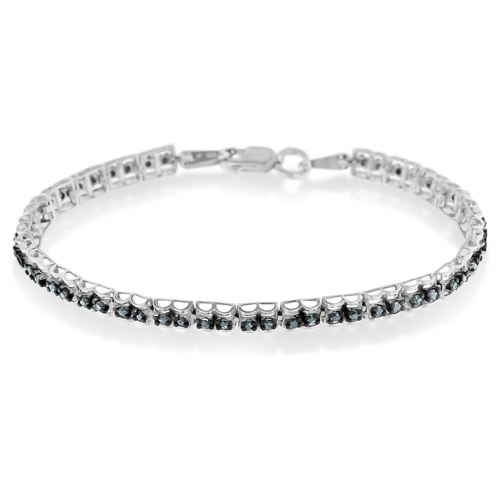 Black Rhodium over .925 Sterling Silver 1.0 Cttw Rose Cut Diamond Double-Link 7" Tennis Bracelet (Blue Color, I1-I2 Clarity) - Friggin Jewelry