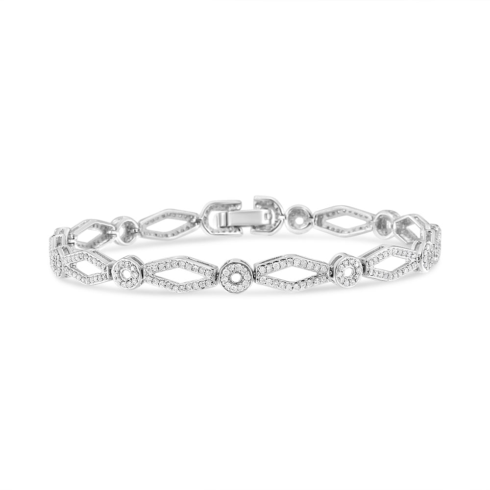 .925 Sterling Silver 1 1/2 Cttw Diamond Studded Alternating Circle and Kite-Shaped Vintage-Style Link Bracelet (I-J Color, I2-I3 Clarity) 7 Inch - Friggin Jewelry