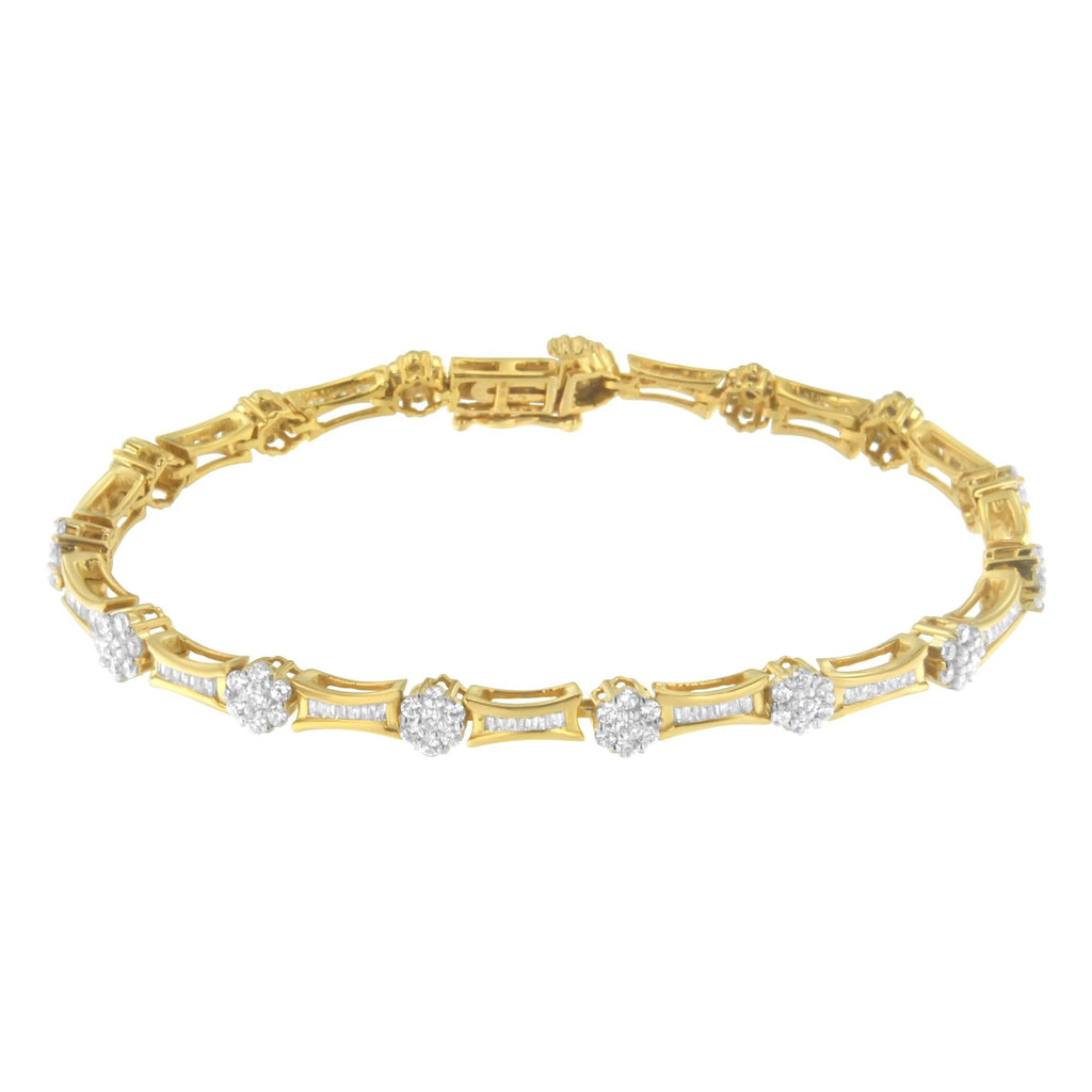 Pulsera de oro amarillo y blanco de 10 quilates con eslabones de diamantes redondos y talla baguette de 2,00 cts (color IJ, claridad I2-I3) - Talla 7,25" - Friggin Jewelry