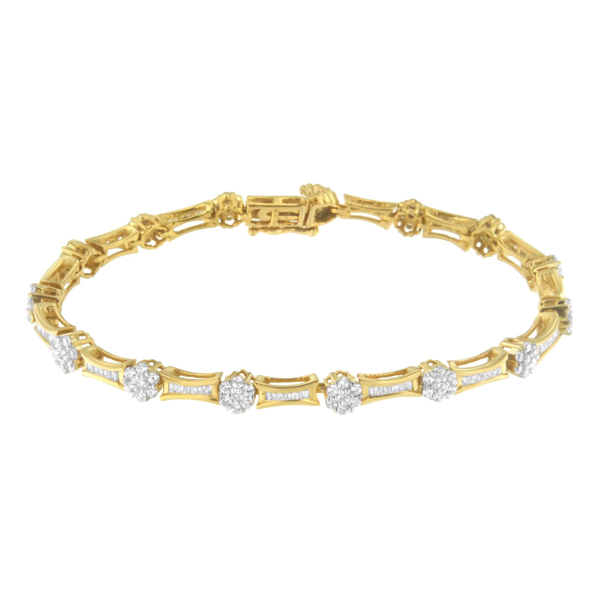 10K Yellow and White Gold 2.00 cttw Round and Baguette-Cut Diamond Link Bracelet (I-J Color, I2-I3 Clarity) - Size 7.25" - Friggin Jewelry