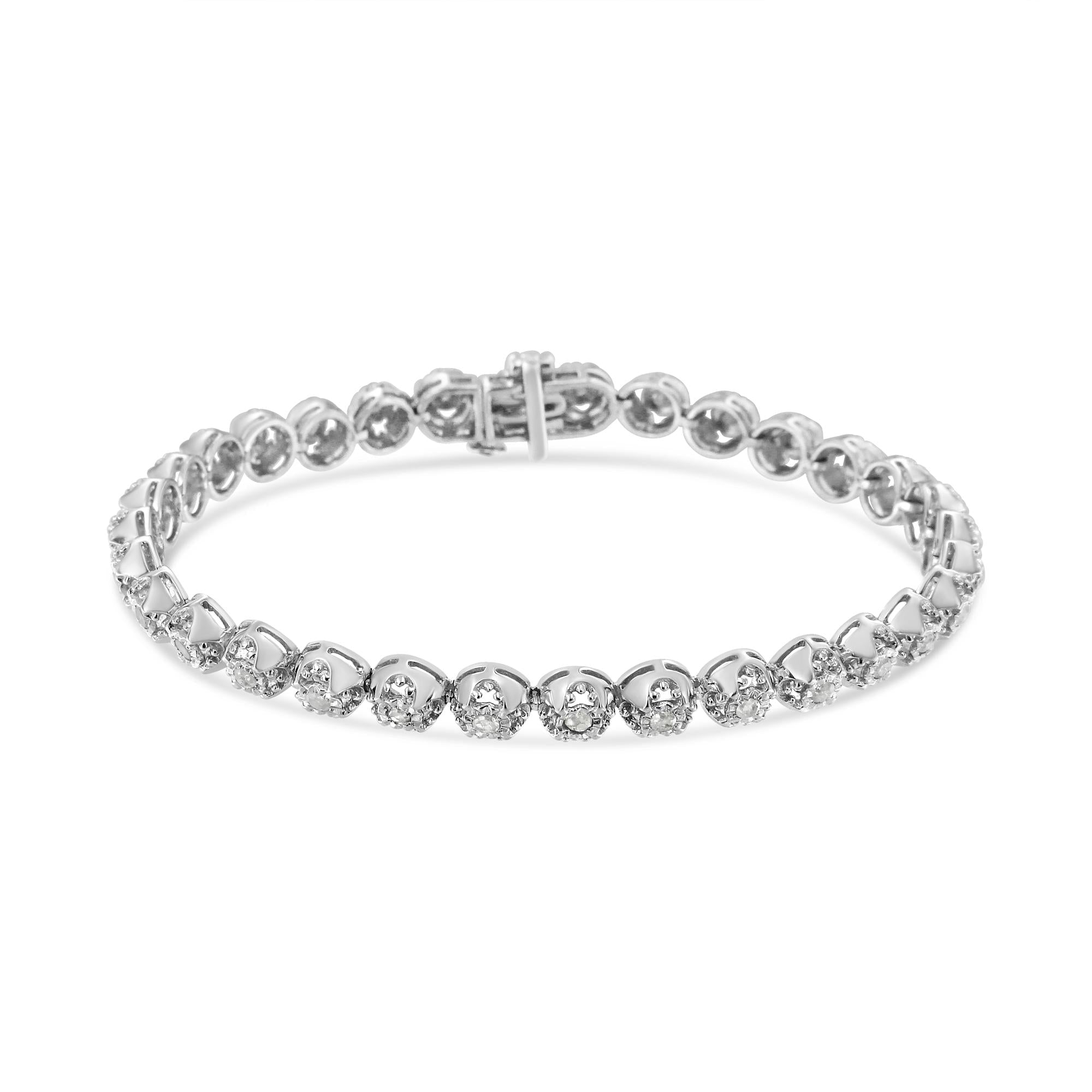 .925 Sterling Silver 1.0 Cttw Diamond Miracle-Plate Open Quatrefoil Flower Circle-Link 7" Tennis Bracelet (I-J color, I3 clarity) - Friggin Jewelry