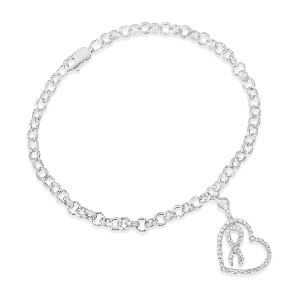 .925 Sterling Silver 1/4 Cttw Diamond-Accented Heart and Ribbon Charm 7" Link Chain Bracelet (H-I Color, I1-I2 Clarity) - Friggin Jewelry