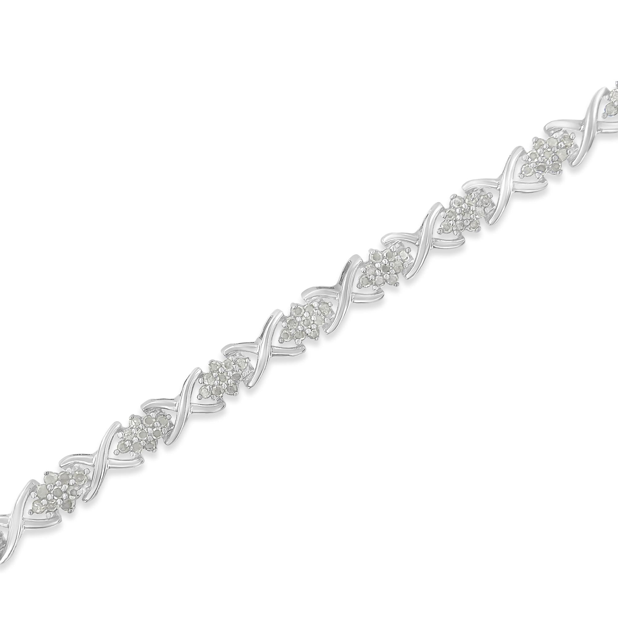 .925 Sterling Silver 1-1/2 Cttw Diamond Cluster X Link 7" Tennis Bracelet (I-J color, I3 clarity) - Friggin Jewelry