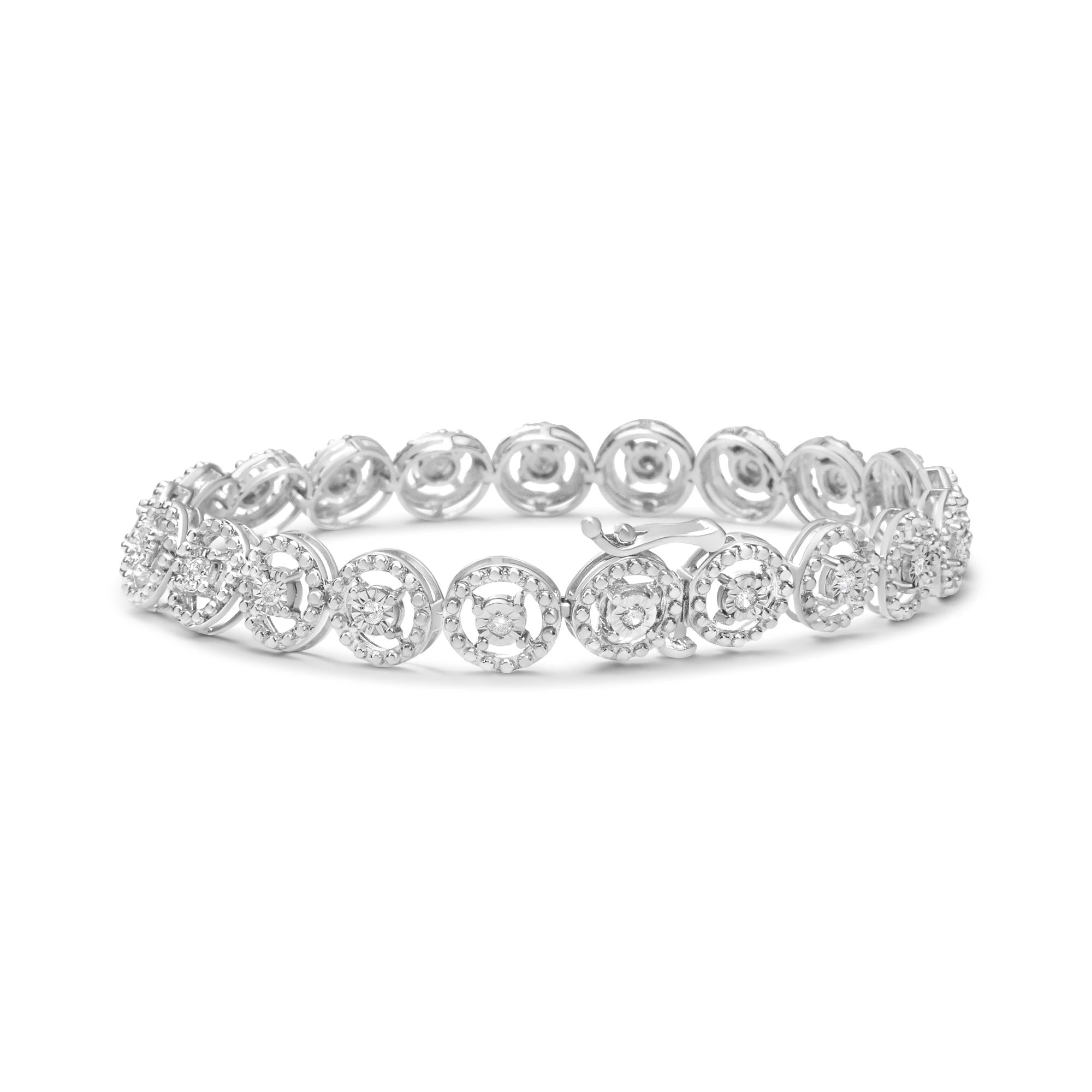 .925 Sterling Silver 1/2 Cttw Diamond Nested Circle Miracle Set Open Wheel 7.25" Fashion Link Bracelet (I-J Color, I3 Clarity) - Friggin Jewelry