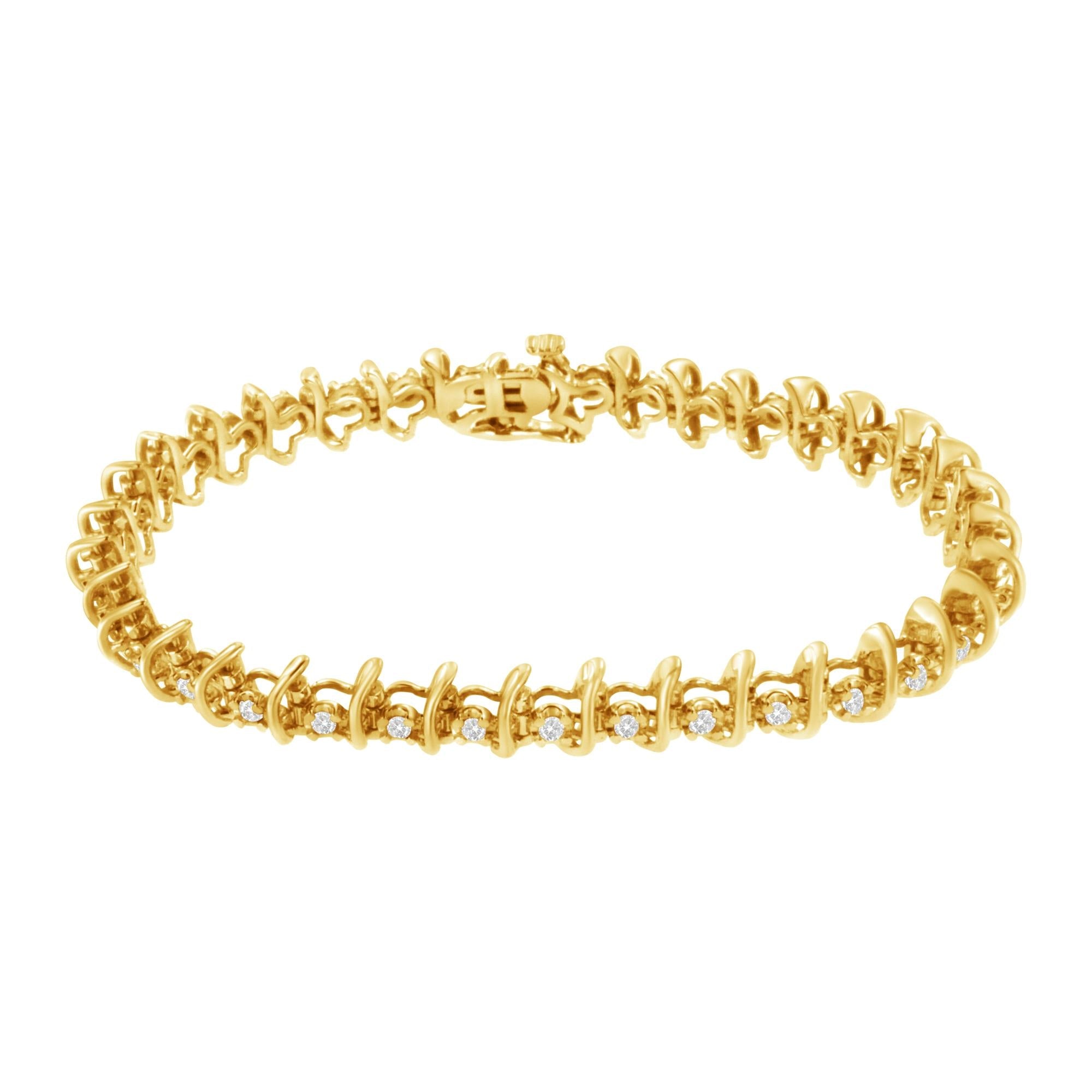 Pulsera de eslabones de diamantes engastados en garras de 1 ct en plata esterlina 925 bañada en oro amarillo de 10 kt (JK, I1-I2) - 7,5" - Friggin Jewelry