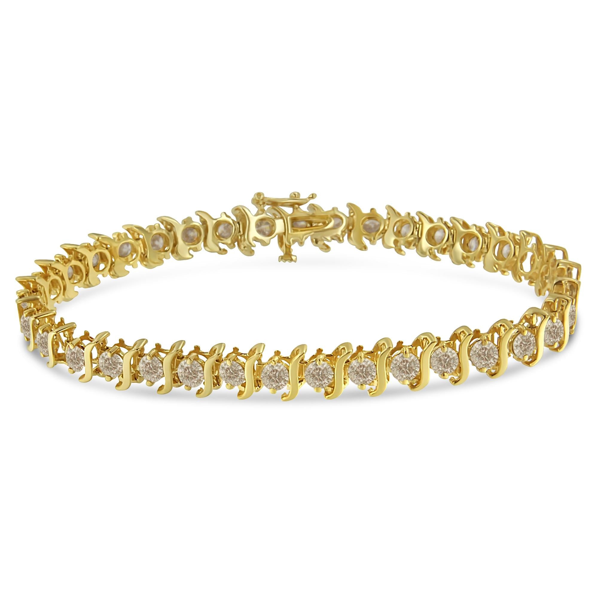 10K Yellow Gold Plated .925 Sterling Silver 7.0 cttw 2-Prong Set Round Brilliant Cut Diamond "S" Link Bracelet (J-K color, I1-I2 clarity) - 7" - Friggin Jewelry