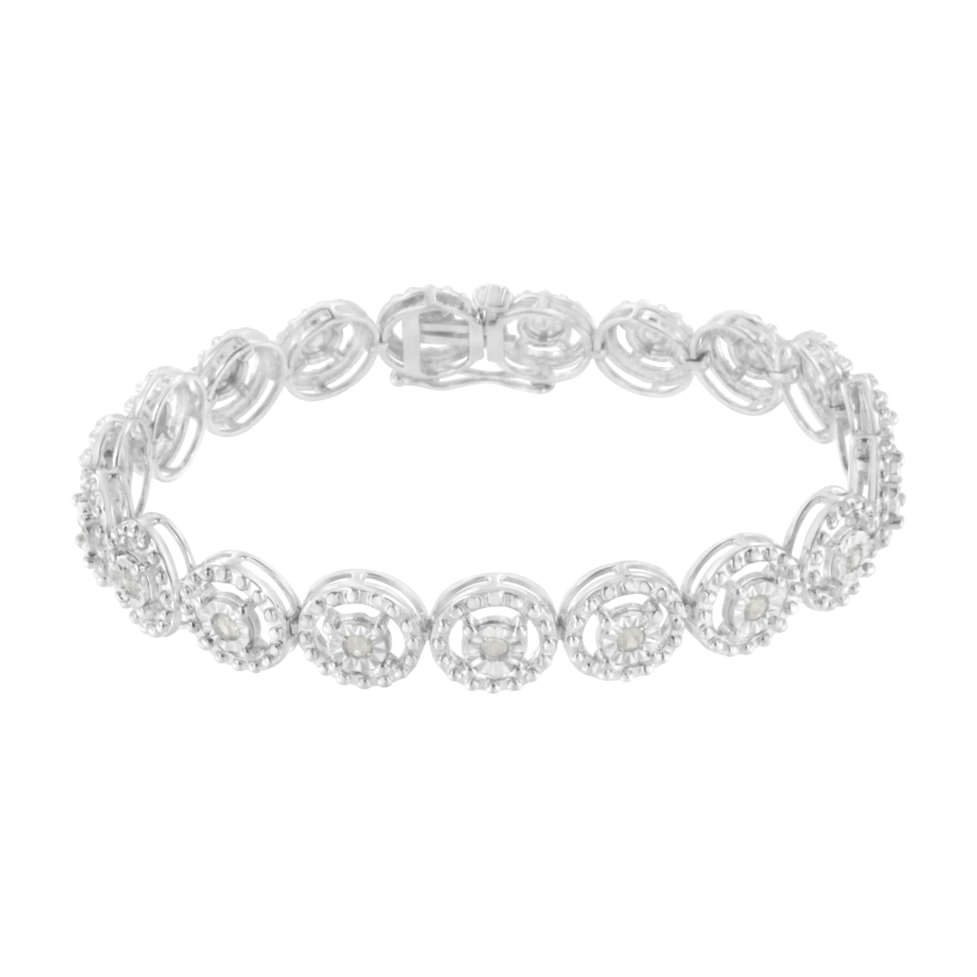 .925 Sterling Silver 1.0 Cttw Diamond Nested Circle Miracle Set Open Wheel 7" Fashion Link Bracelet (I-J Color, I3 Clarity) - Friggin Jewelry