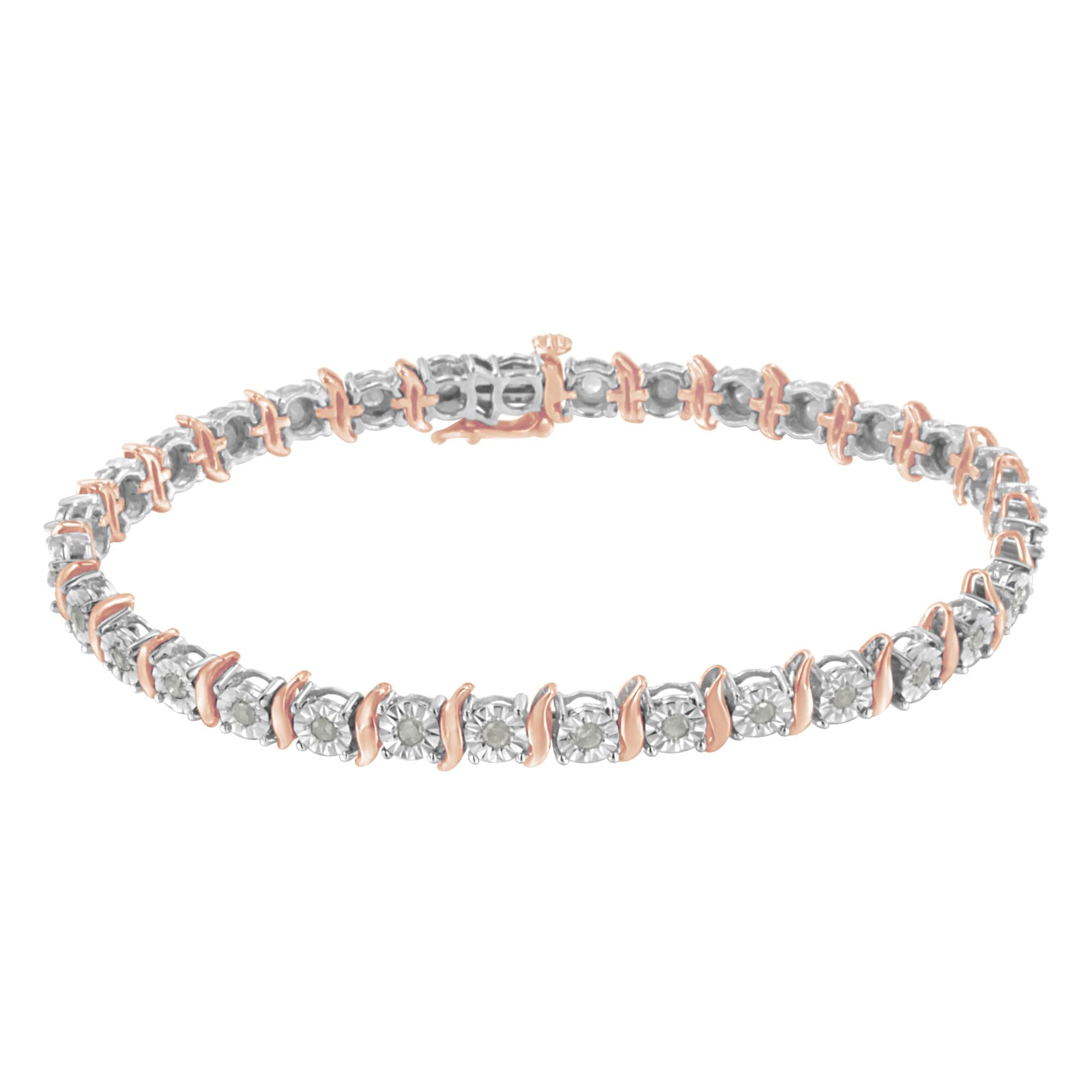 Pulsera de tenis de plata de ley 925 con diamantes de 1,0 ct y eslabones en forma de S engastados milagros (color IJ, claridad I3) - Friggin Jewelry