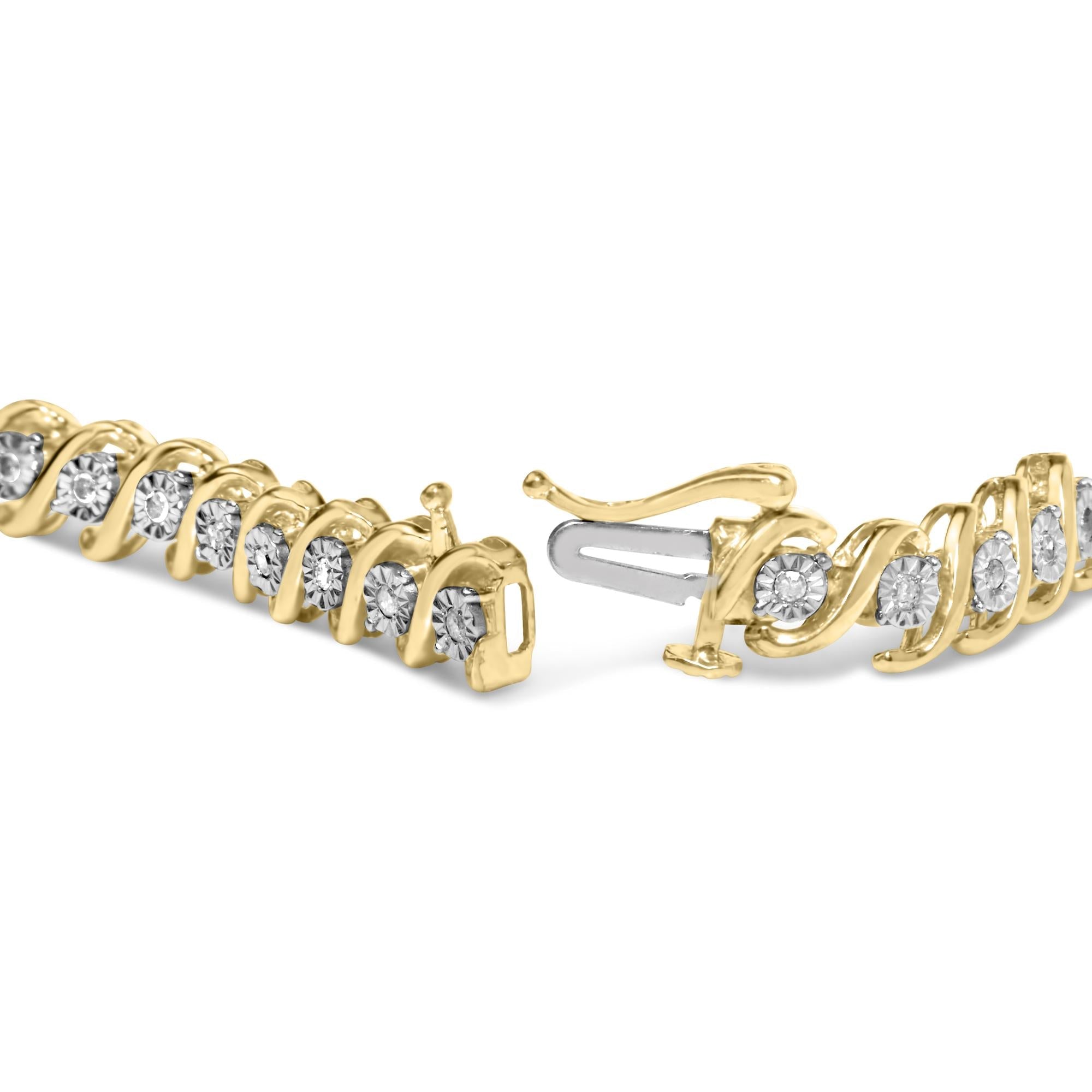 Pulsera de tenis de plata de ley 925 bañada en oro amarillo de 14 quilates con diamantes redondos engastados milagros de 1/2 quilates en forma de S (color IJ, claridad I3) - 18 cm - Friggin Jewelry