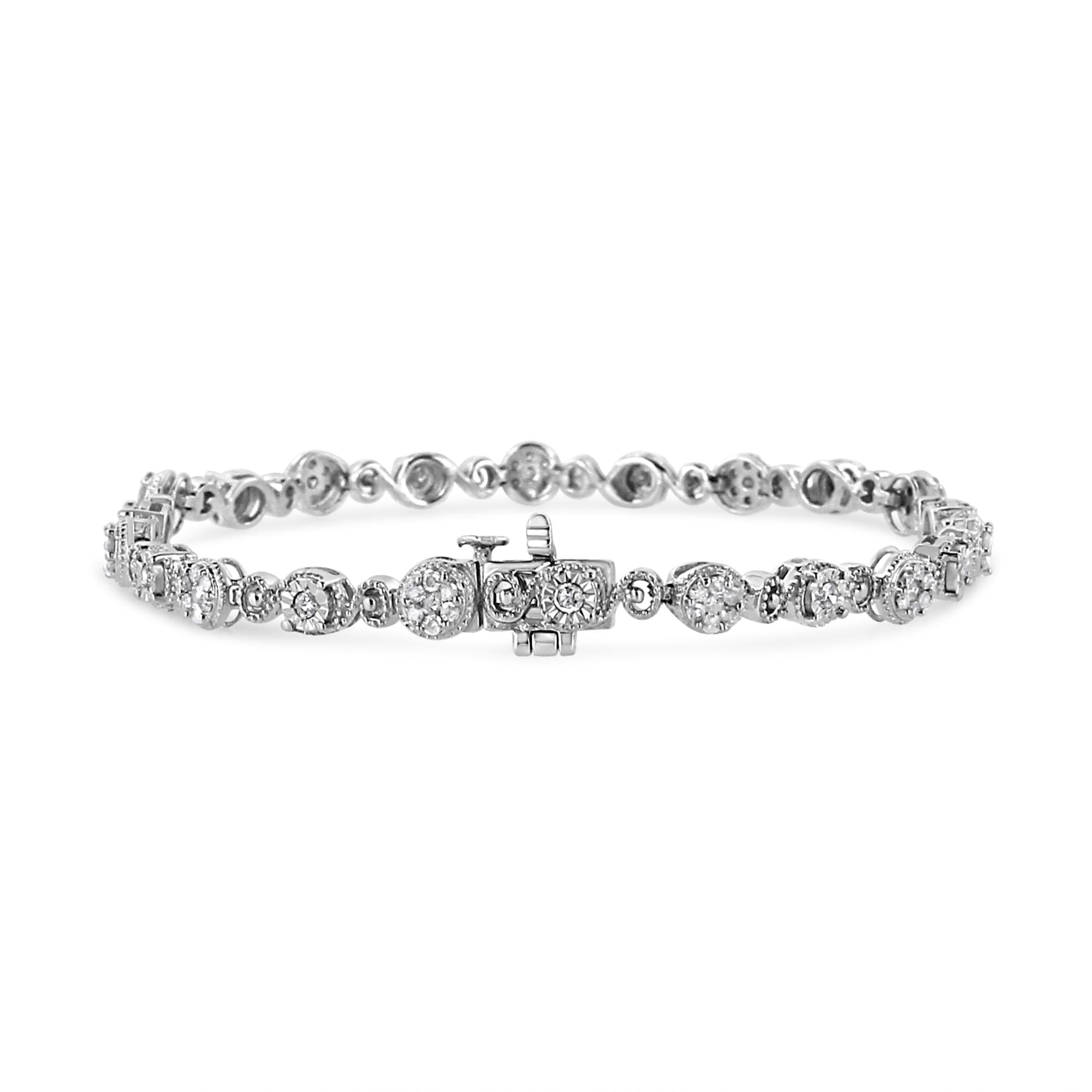 .925 Sterling Silver 1.0 Cttw Diamond Swirl Beaded Link Bracelet (I-J Color, I3-Promo Clarity) - 7.25" Inches - Friggin Jewelry