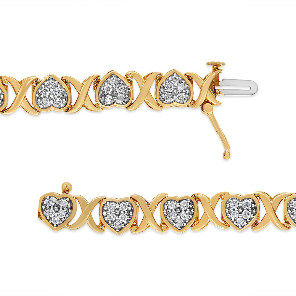 Pulsera de plata de ley 925 bañada en oro amarillo de 14 quilates con corazón de diamantes y eslabones en forma de X de 1,00 quilates (color IJ, claridad I3) - 7,25 pulgadas - Friggin Jewelry