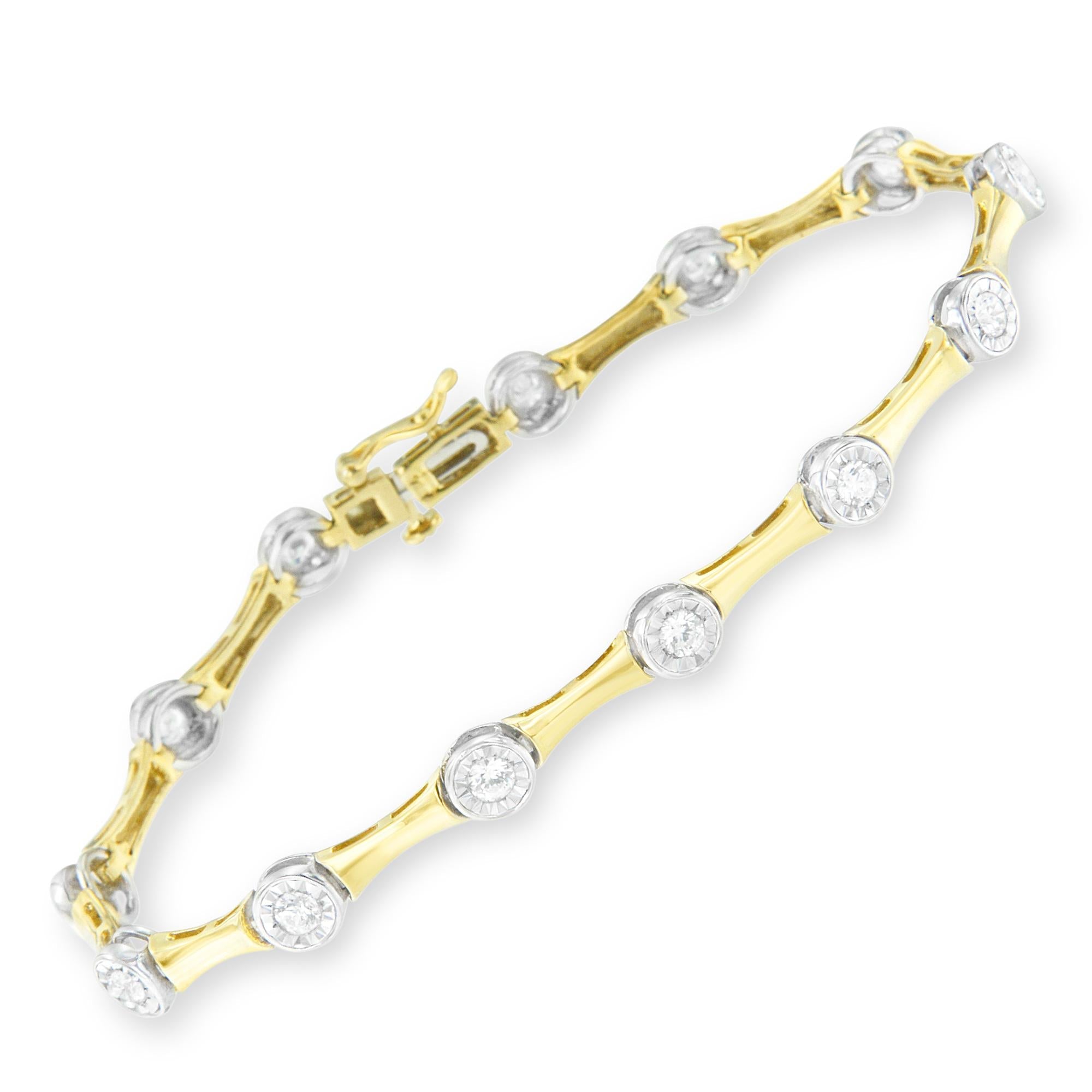 Bracciale a maglie in stile castone con diamanti taglio brillante da 1,0 ct incastonati in oro giallo 10 carati e argento sterling 925 (colore IJ, purezza I1-I2) - 7" - Friggin Jewelry