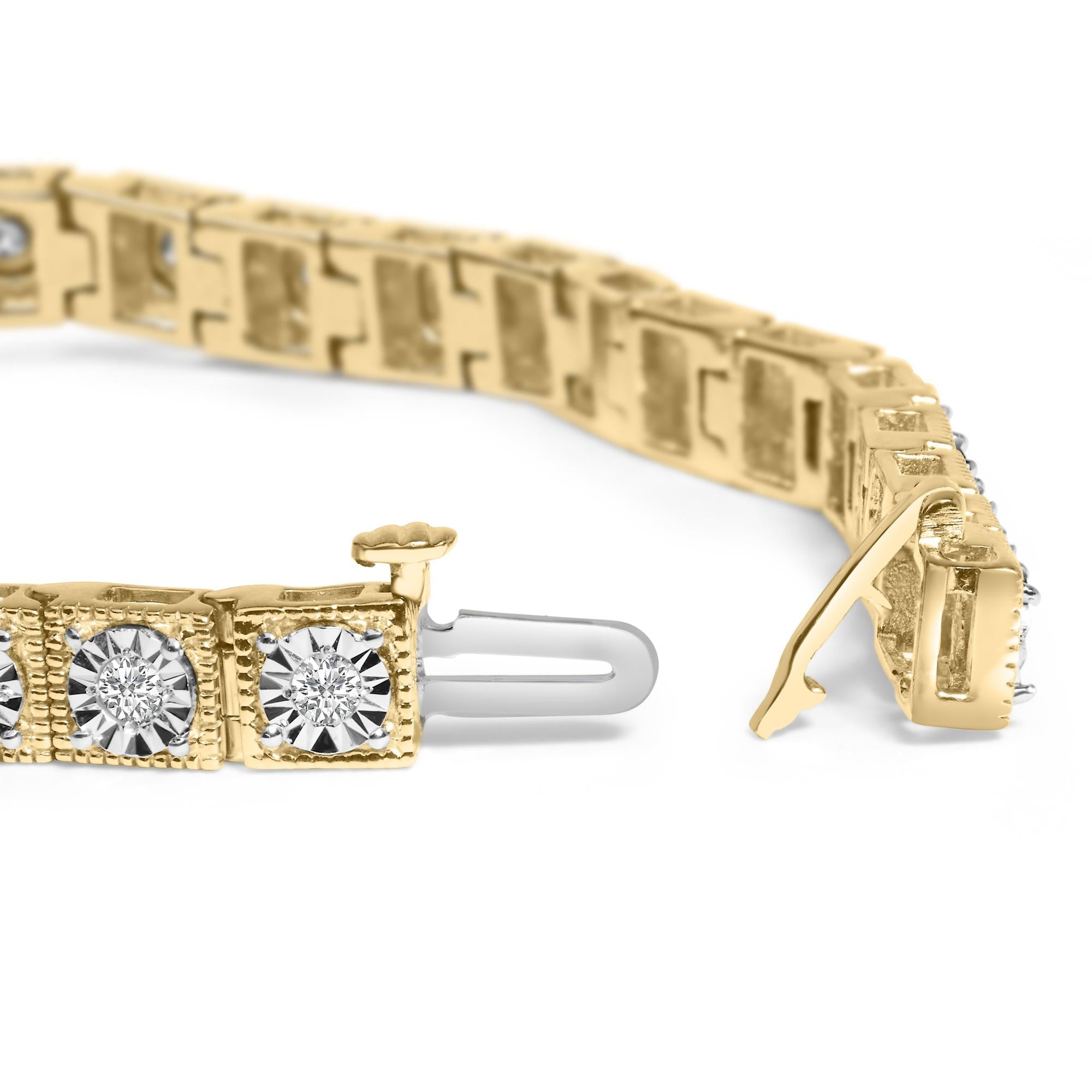 Pulsera de tenis de plata de ley 925 bañada en oro amarillo de 14 quilates con diamantes de 1,0 quilates y milgrain (color IJ, claridad I2-I3) - 18 cm - Friggin Jewelry