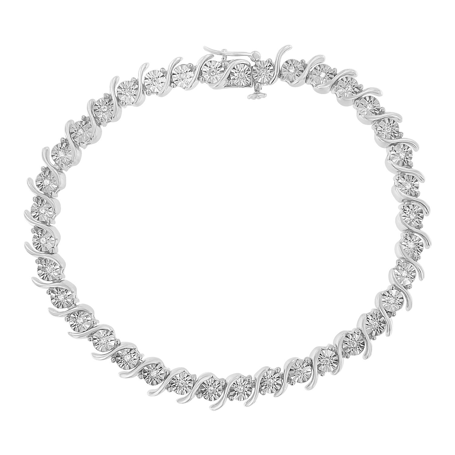 .925 Sterling Silver 1/10 Cttw Diamond Round Miracle Plate and "S" Link Tennis Bracelet (I-J Color, I2- I3 Clarity) - 7" - Friggin Jewelry