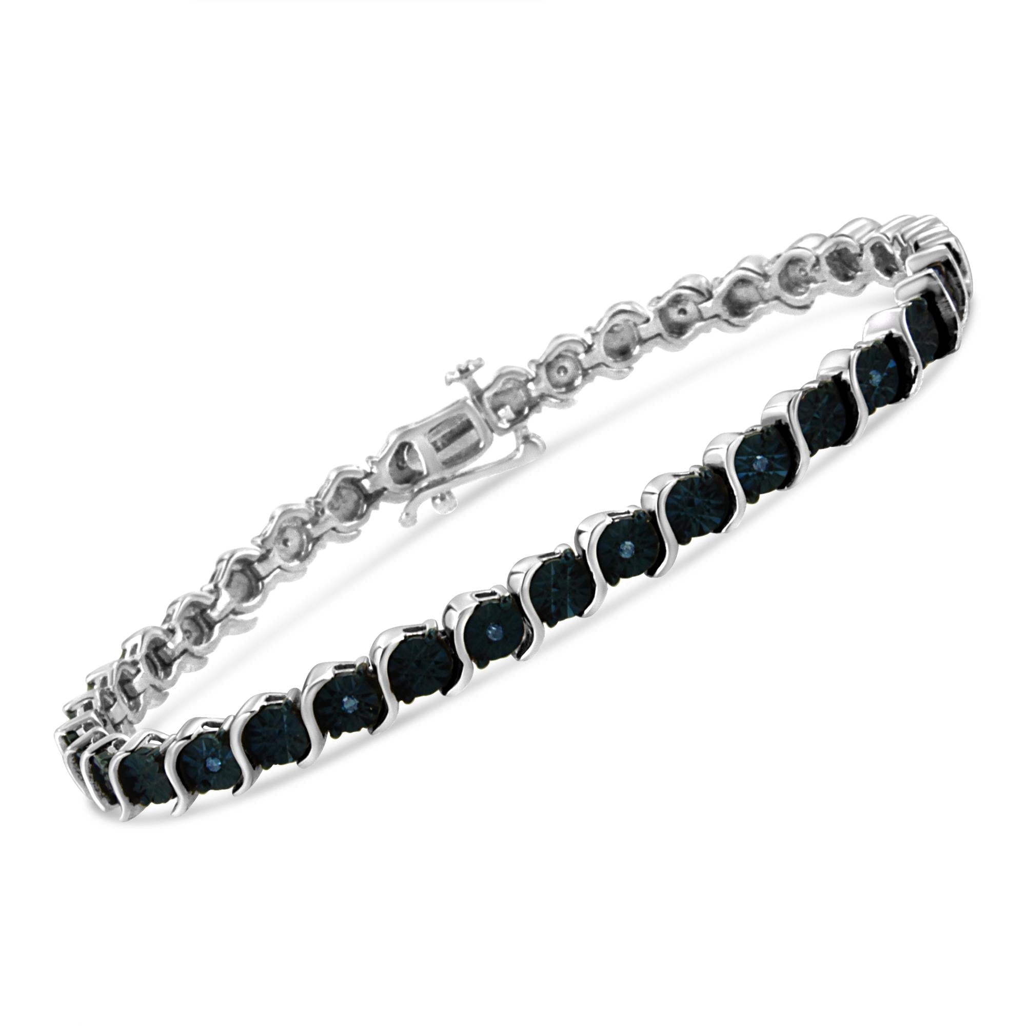 .925 Sterling Silver 1/10 Cttw Miracle-Set Treated Blue Color Diamond Miracle Plate "S" Link Tennis Bracelet (Blue Color, I2- I3 Clarity) - 7.25" - Friggin Jewelry