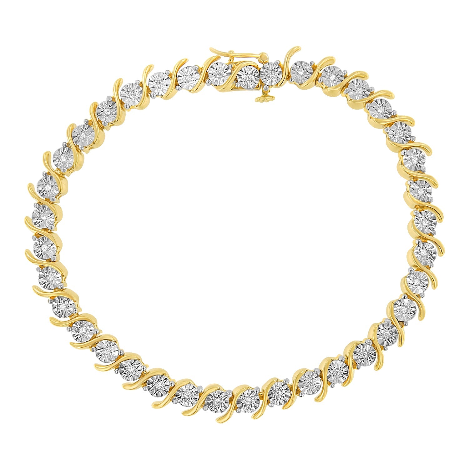 .925 Sterling Silver 1/10 Cttw Diamond Round Miracle Plate and "S" Link Tennis Bracelet (I-J Color, I2- I3 Clarity) - 7" - Friggin Jewelry