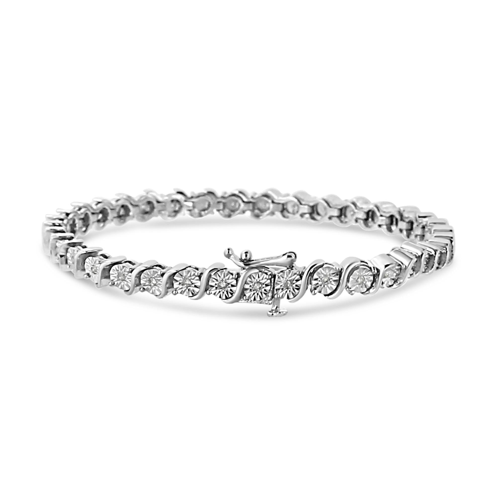 .925 Sterling Silver 1/4 Cttw Diamond Round Miracle Plate and "S" Link Tennis Bracelet (I-J Color, I2- I3 Clarity) - 7" - Friggin Jewelry