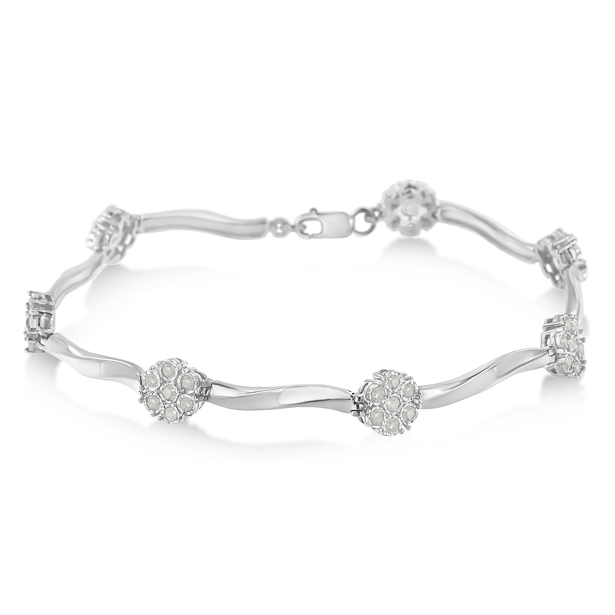 .925 Sterling Silver 1.0 Cttw Diamond Cluster Miracle-Set Station & Twisted Bar 7" Tennis Bracelet (H-I Color, I1-I2 Clarity) - Friggin Jewelry