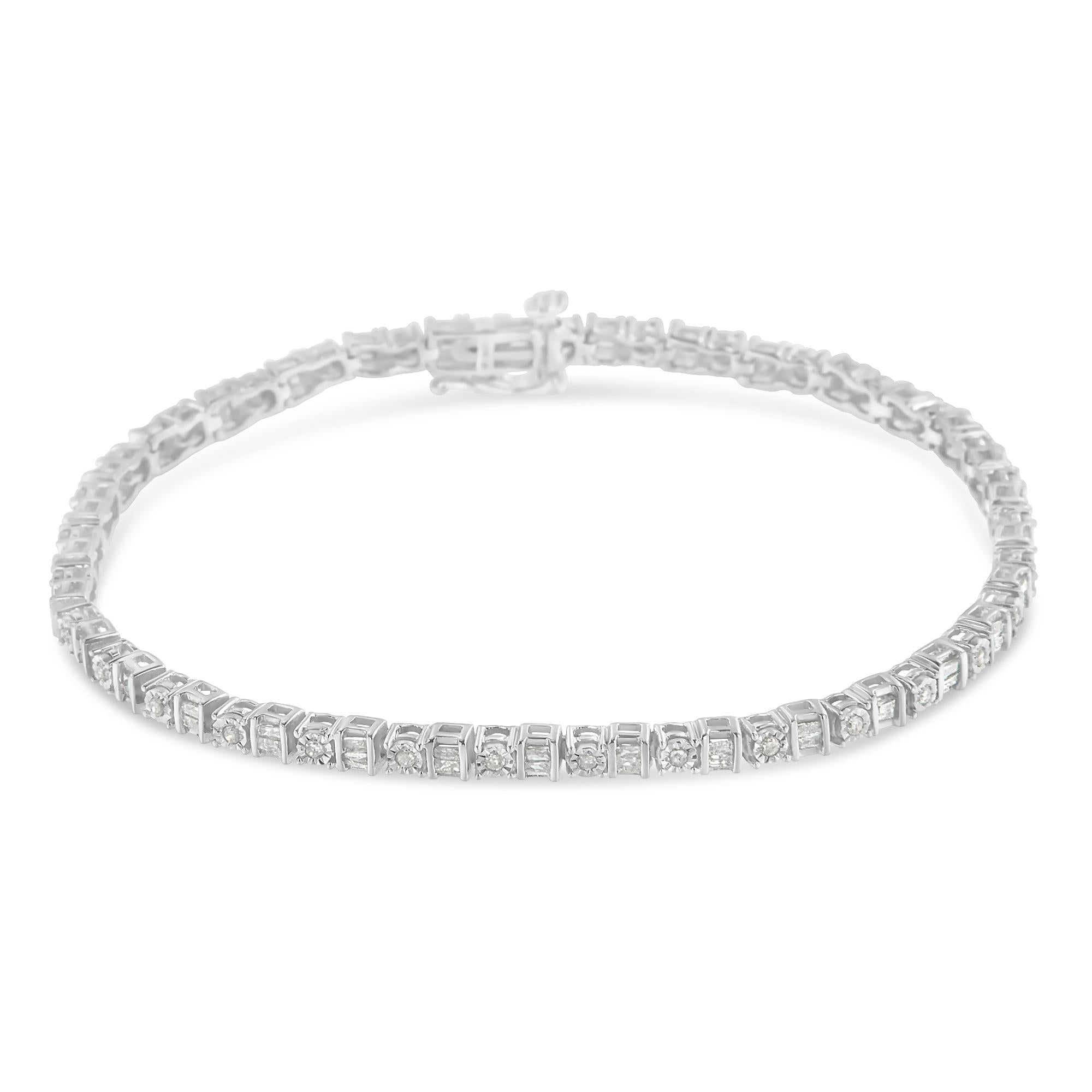 Pulsera de tenis de 18 cm con diamantes de talla baguette y redondos de 1,0 ct en plata de ley 925 (color IJ, claridad I3) - Friggin Jewelry