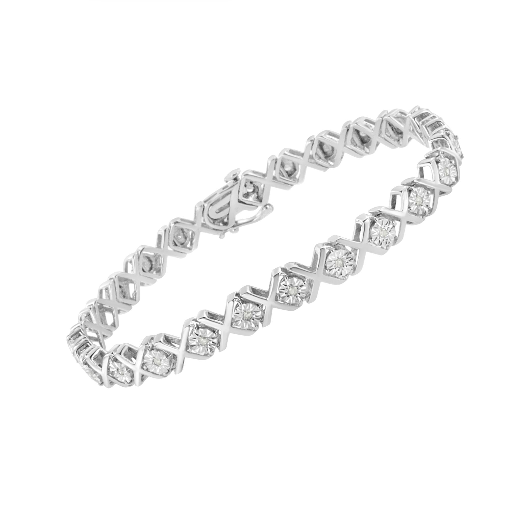 .925 Sterling Silver 1/4 Cttw Miracle-Set Round Cut Diamond "X" Link Bracelet (I-J Color, I3 Clarity) - Size 7.25" - Friggin Jewelry