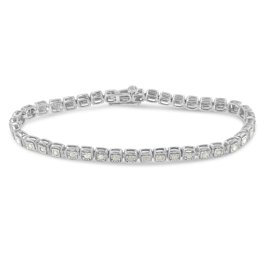 Pulsera de tenis de plata de ley 925 con diamantes de 1,0 ct y milgrain cuadrado de 18 cm (color IJ, claridad I3) - Friggin Jewelry