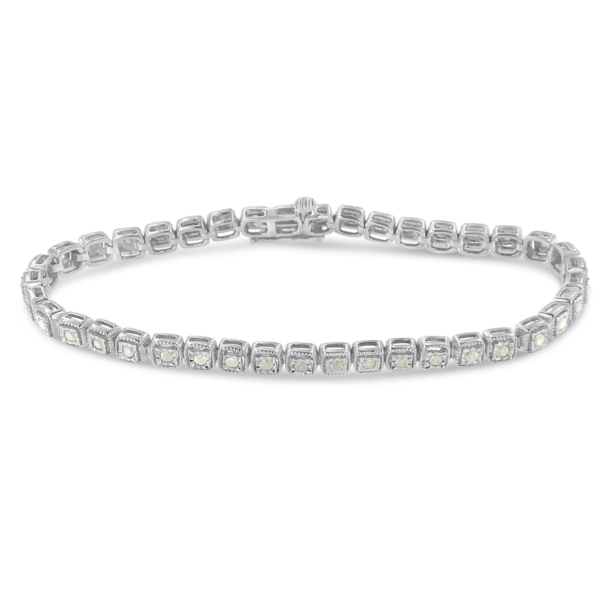 .925 Sterling Silver 1.0 Cttw Diamond Miracle-Set Square Milgrain 7" Link Tennis Bracelet (I-J Color, I3 Clarity) - Friggin Jewelry