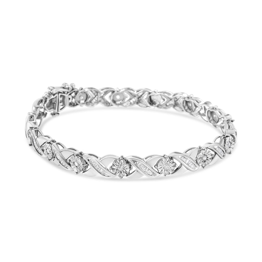 .925 Sterling Silver 1.0 Cttw Round-Brilliant and Baguette Cut Diamond Miracle-Set X-Link 7" Tennis Bracelet (I-J Color, I2-I3 Clarity) - Friggin Jewelry