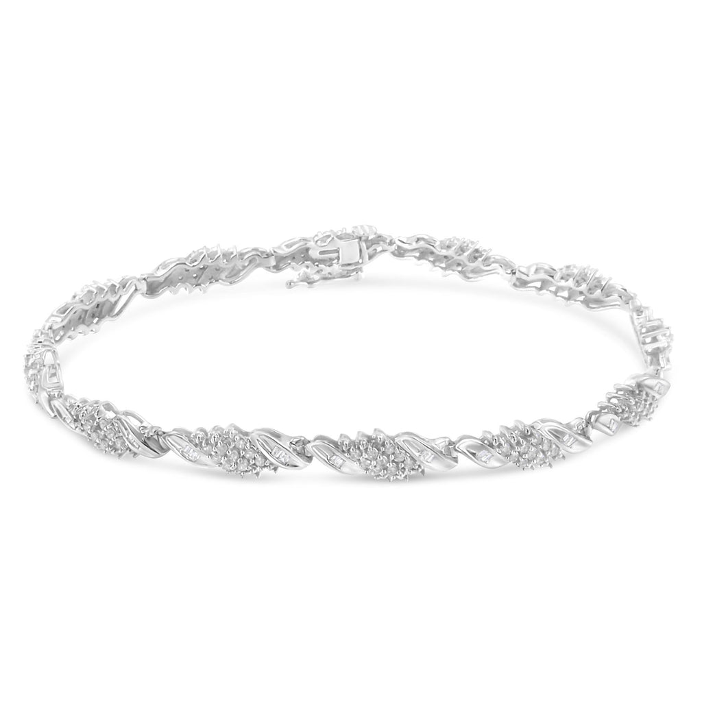 .925 Sterling Silver 1-1/2 Cttw Round and Baguette Cut Diamond Wave Link Bracelet (I-J Color, I2-I3 Clarity) - 7" - Friggin Jewelry
