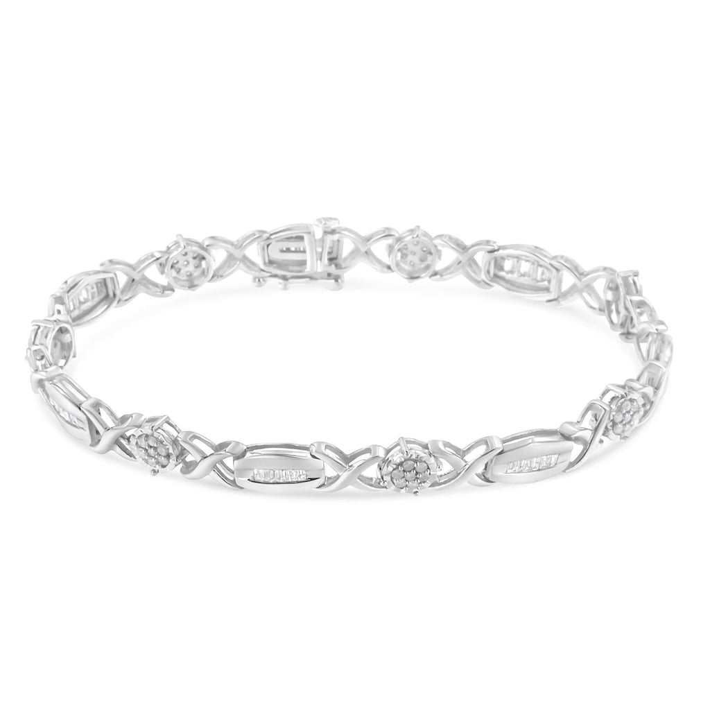 Pulsera de eslabones en X de diamantes de talla redonda y baguette de 1,0 quilates en plata de ley 925 (color IJ, claridad I1-I2) - 18,8 cm - Friggin Jewelry