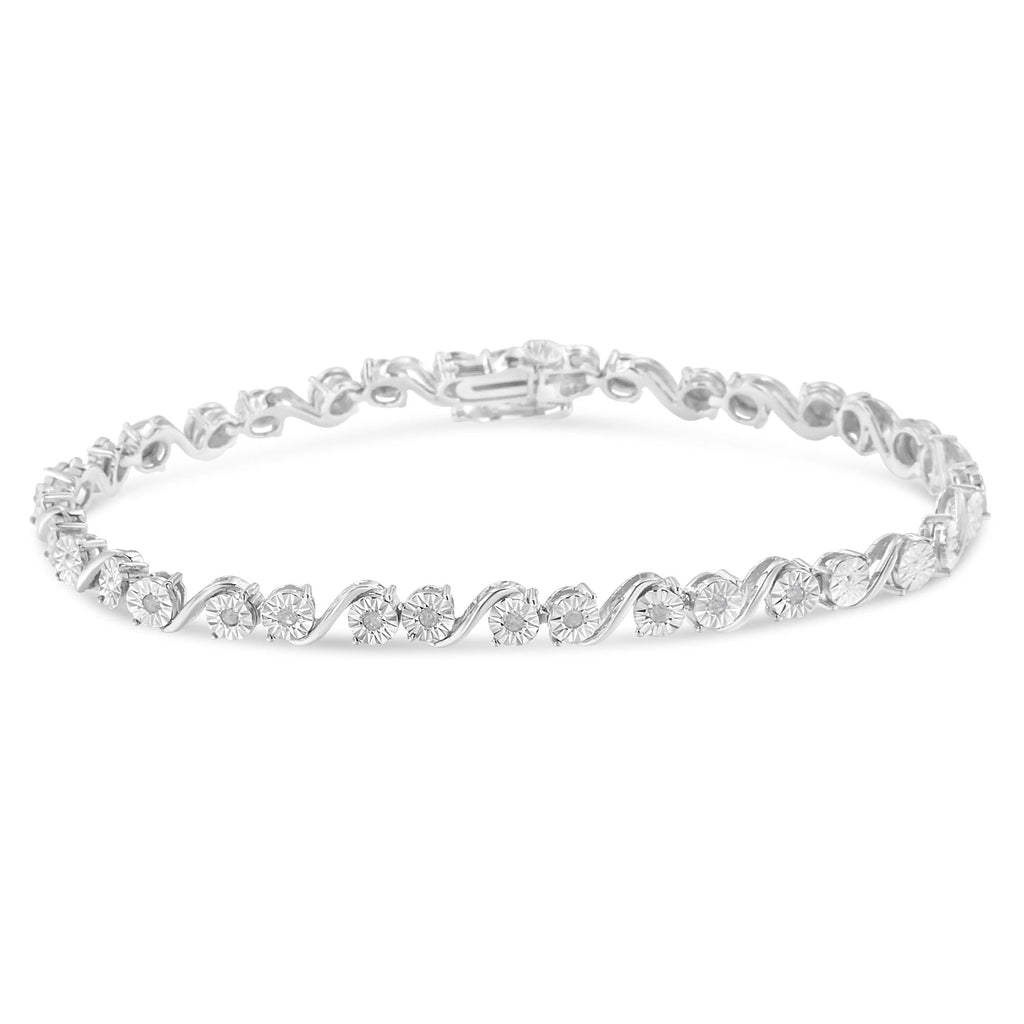 Pulsera de tenis con placa milagrosa de eslabones "S" de diamantes redondos de 1/10 quilates en plata de ley 925 (color IJ, claridad I3) - 18 cm - Friggin Jewelry