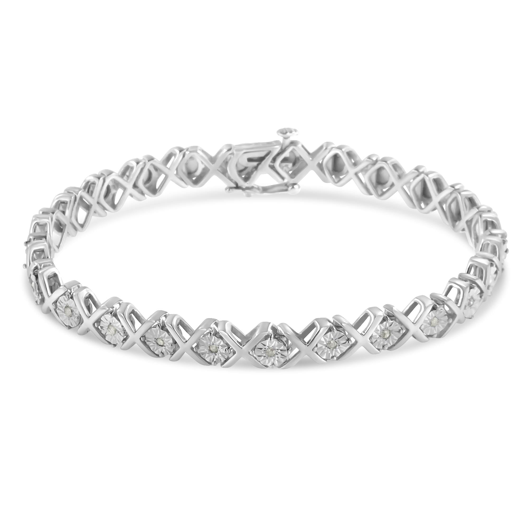 .925 Sterling Silver 1/10 cttw Miracle-Set Round-Cut Diamond "X" Link Tennis Bracelet (I-J color, I2-I3 clarity) - 7.25" - Friggin Jewelry