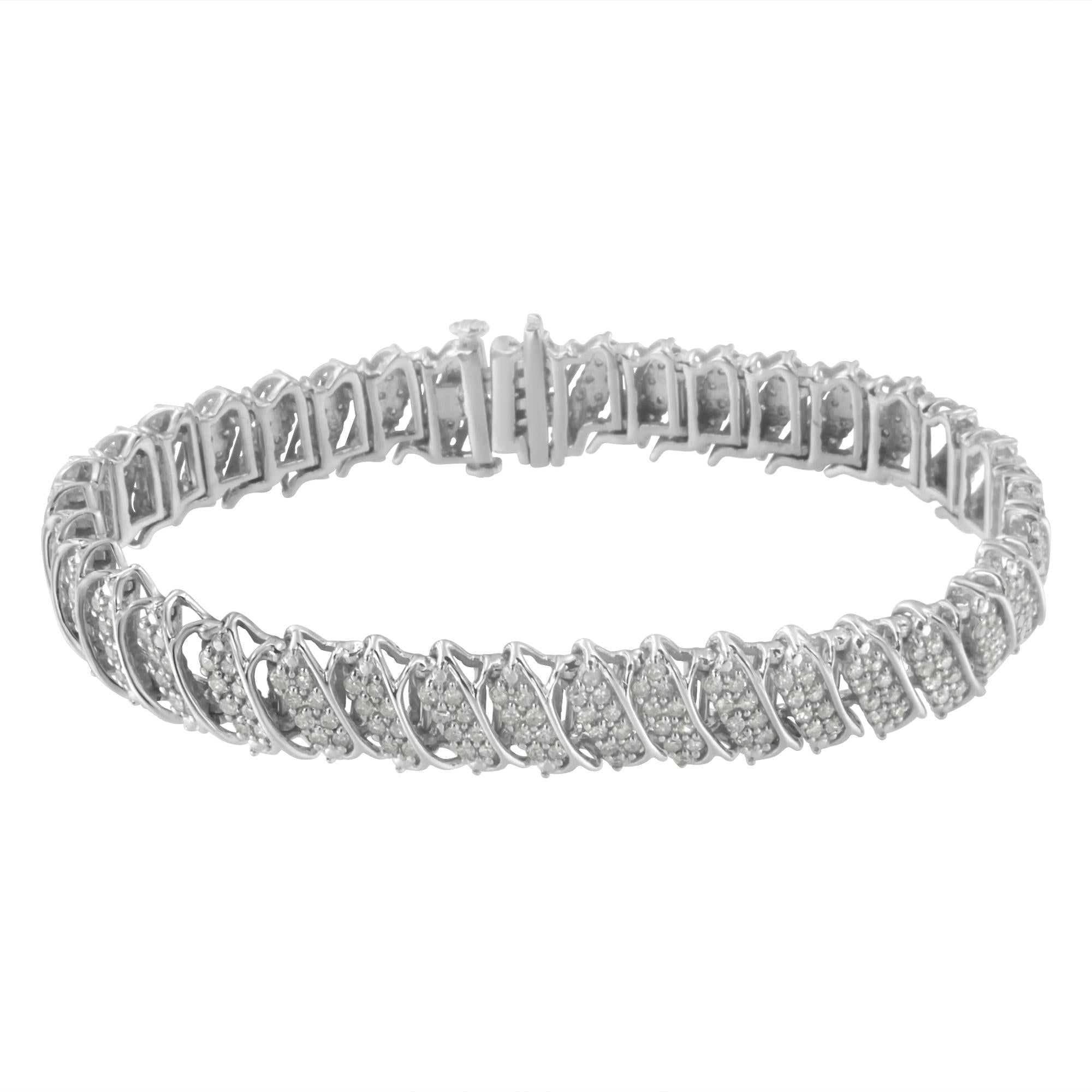 .925 Sterling Silver 3.0 Cttw Diamond Multi Row Cluster Slanted Wave Link 7-¼” Tennis Bracelet (I-J Color, I2-I3 Clarity) - Friggin Jewelry