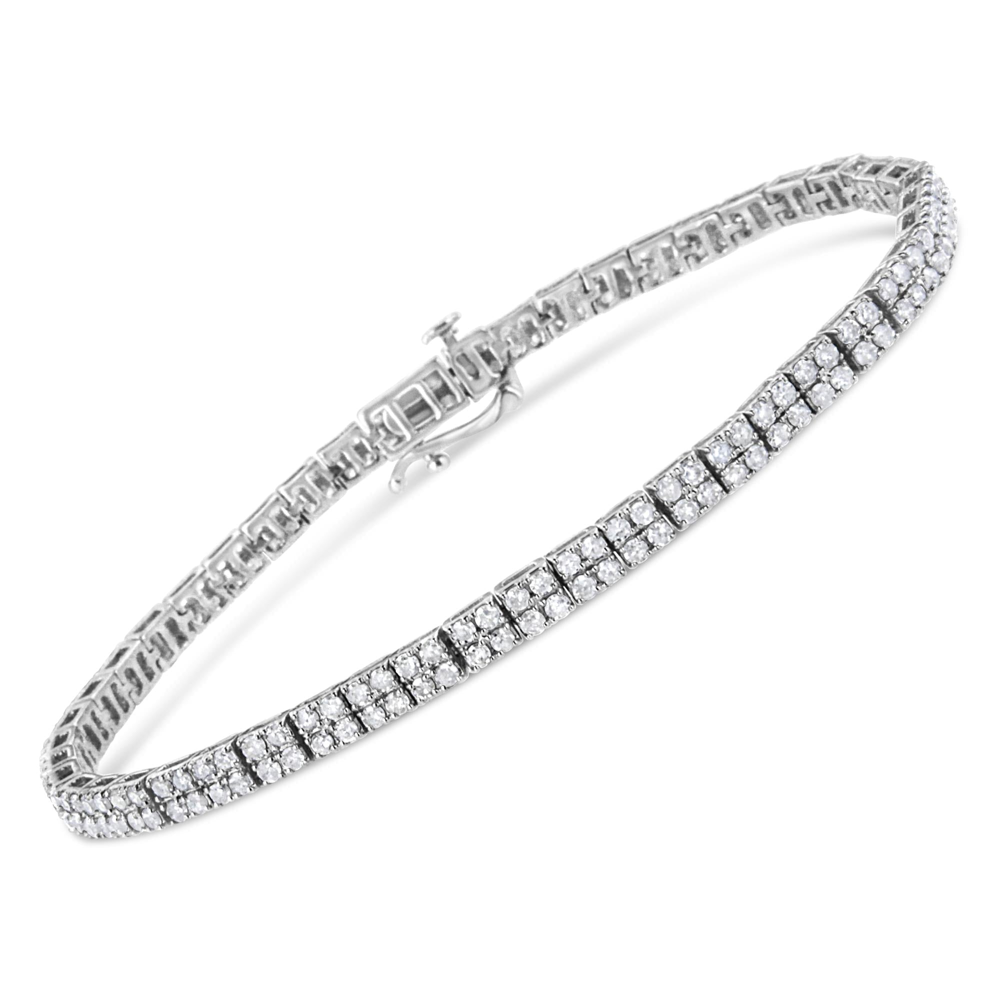 Bracciale tennis in argento sterling 925 con diamanti rotondi incastonati a griffe da 3,0 carati, a 2 file (colore IJ, purezza I3) - 7,25" - Friggin Jewelry