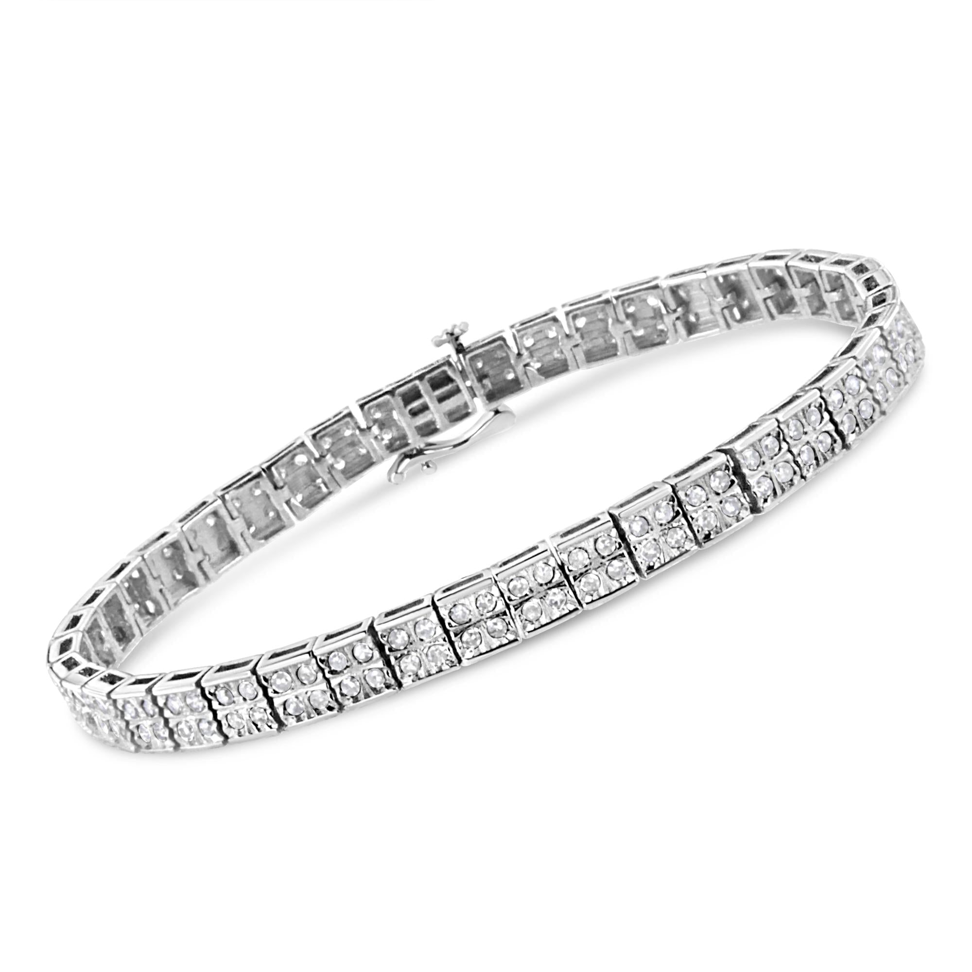 .925 Sterling Silver 2 Cttw Prong Set Round-Cut Diamond 4 Stone Box Link Bracelet (I-J Color, I3 Clarity) - 7.25" - Friggin Jewelry